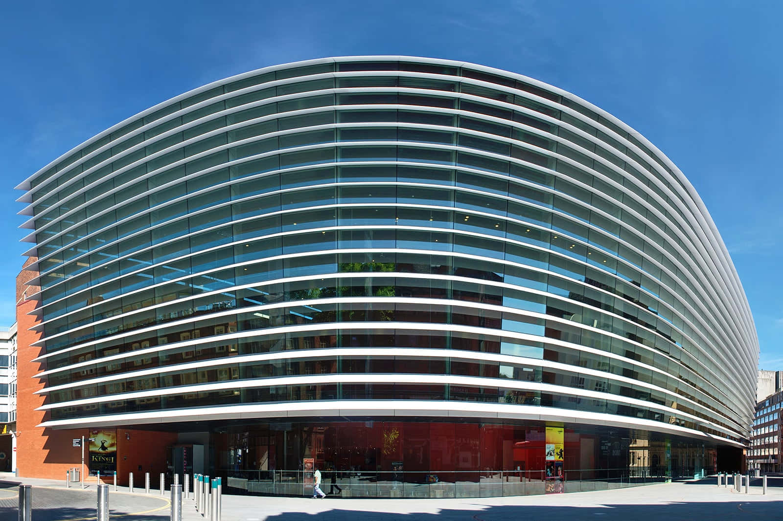 modern curved glass building, white horizontal bands, blue sky, HD Desktop Wallpaper