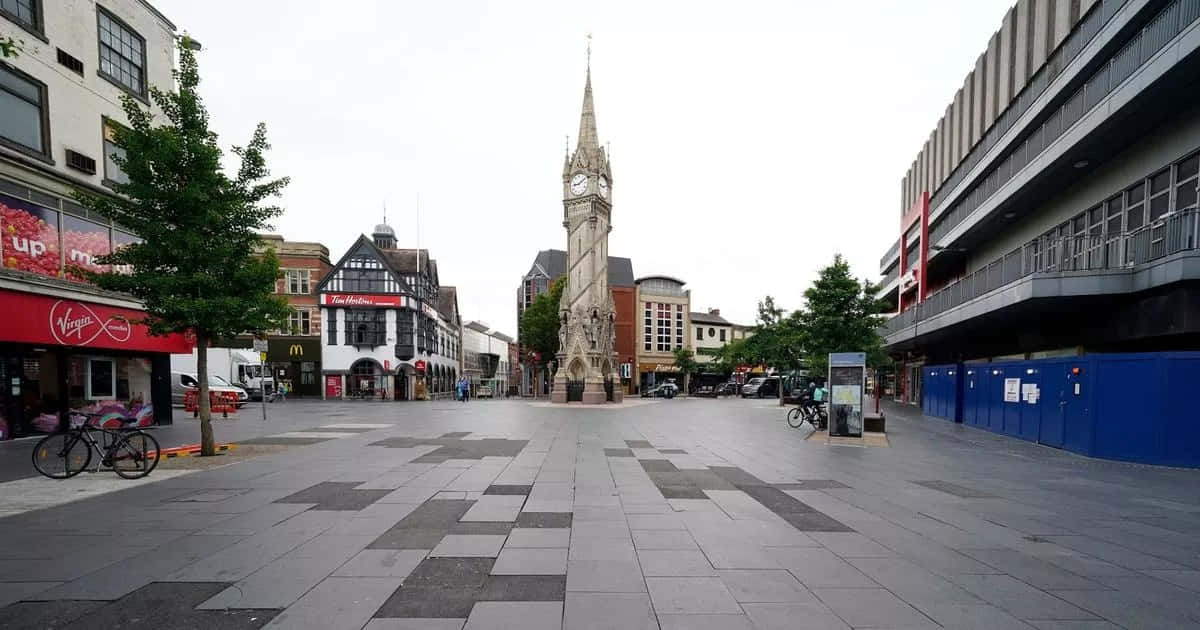 Leicester cityscape, tall ornate clock tower, wide paved town square, SD Desktop Wallpaper