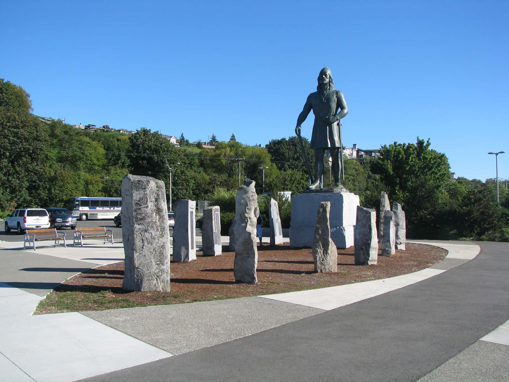 Leif Erikson, bronze statue, standing stones, Full HD Desktop Wallpaper
