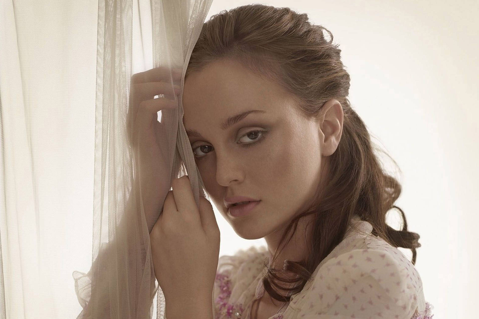 Leighton Meester, brown hair, sheer white curtains, Full HD Desktop Wallpaper