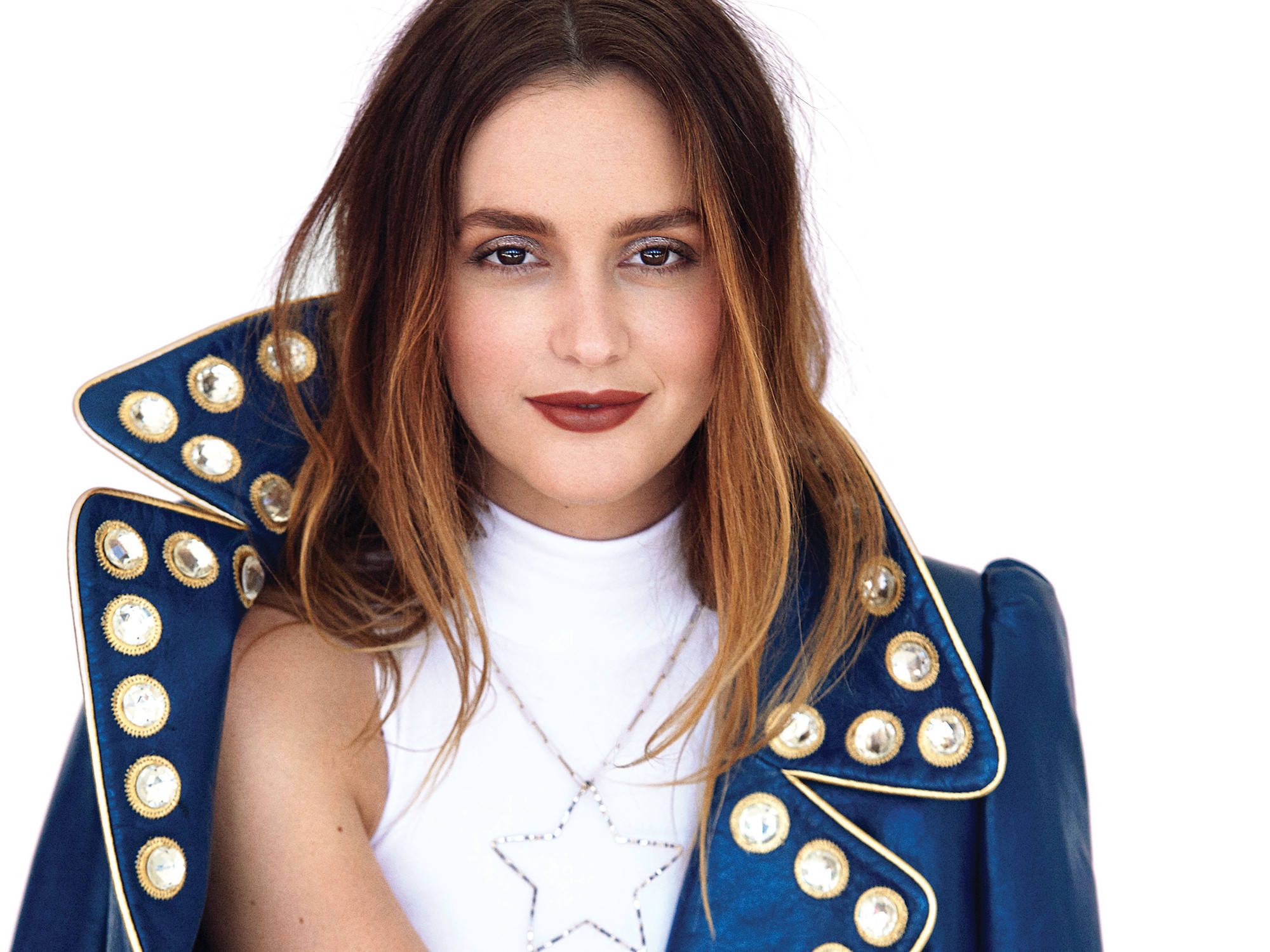 Leighton Meester, blue velvet jacket, gold studs, Full HD Desktop Wallpaper