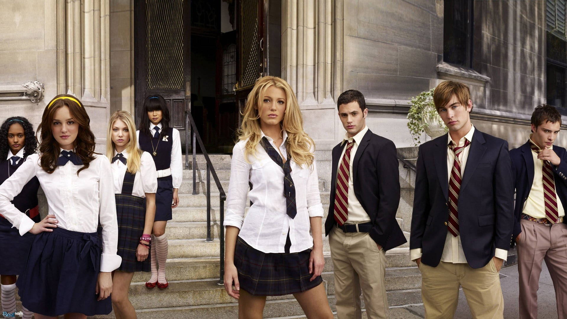 Leighton Meester, school uniform, stone steps, Full HD Desktop Wallpaper
