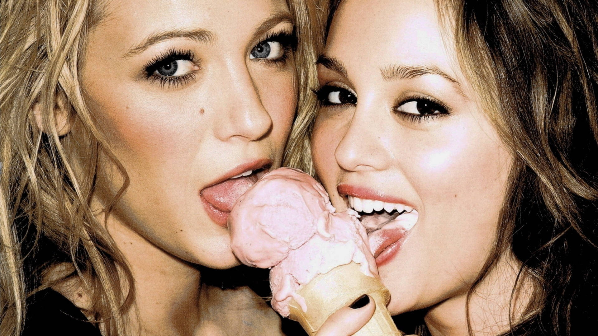 Leighton Meester, pink ice cream cone, bright eyes, Full HD Desktop Wallpaper