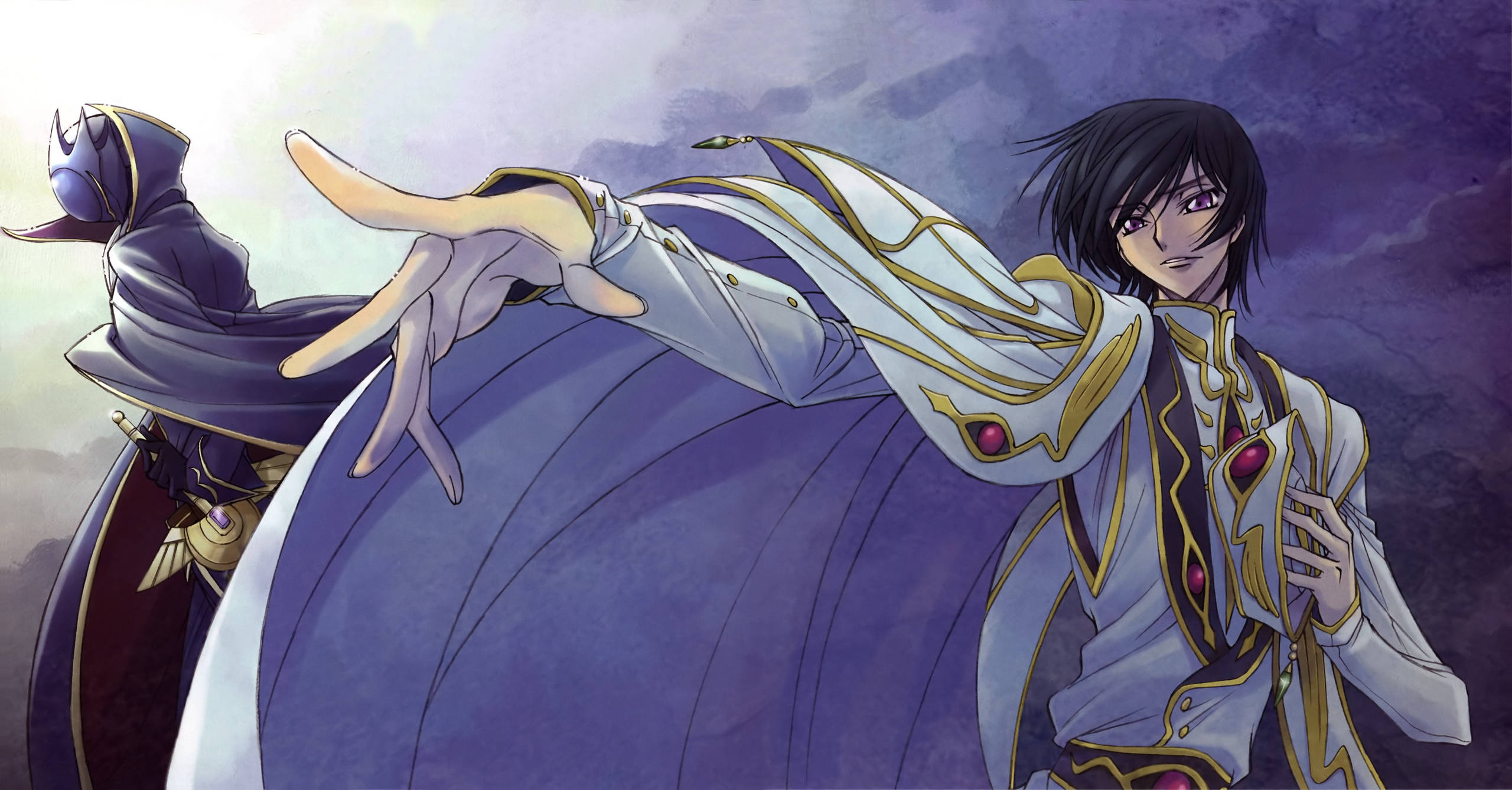 Lelouch Lamperouge, white and gold armor, stormy purple sky, 2K Desktop Wallpaper