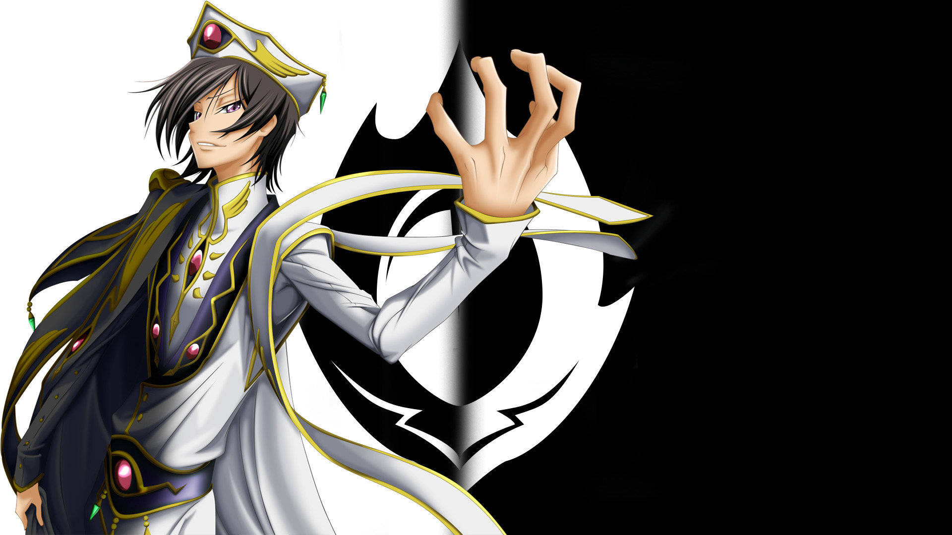 Lelouch Lamperouge, white and gold outfit, red gemstones, Full HD Desktop Wallpaper