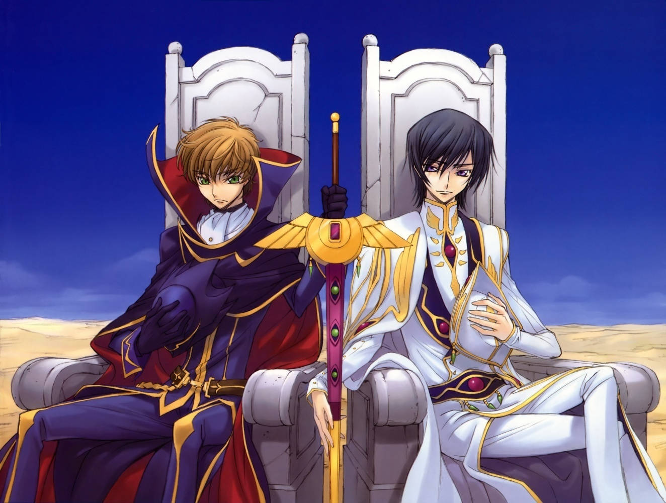 Lelouch Lamperouge, purple robes, stone thrones, HD Desktop Wallpaper
