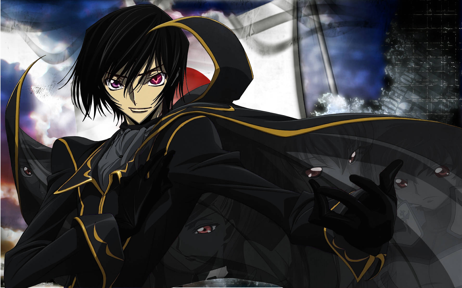 Lelouch Lamperouge, black gold-trimmed cloak, red eyes, Full HD Desktop Wallpaper