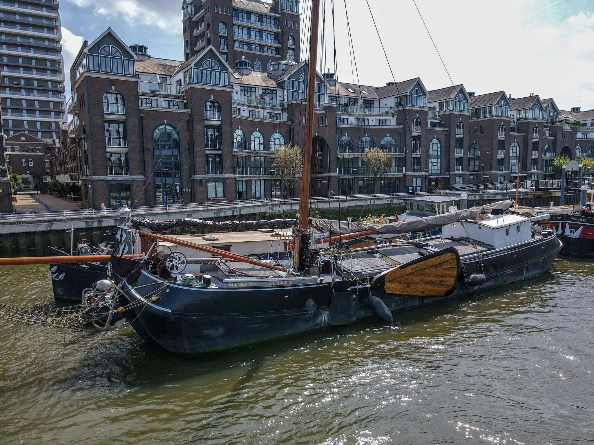 historic sailboat, urban backdrop, Lelystad, Full HD Desktop Wallpaper