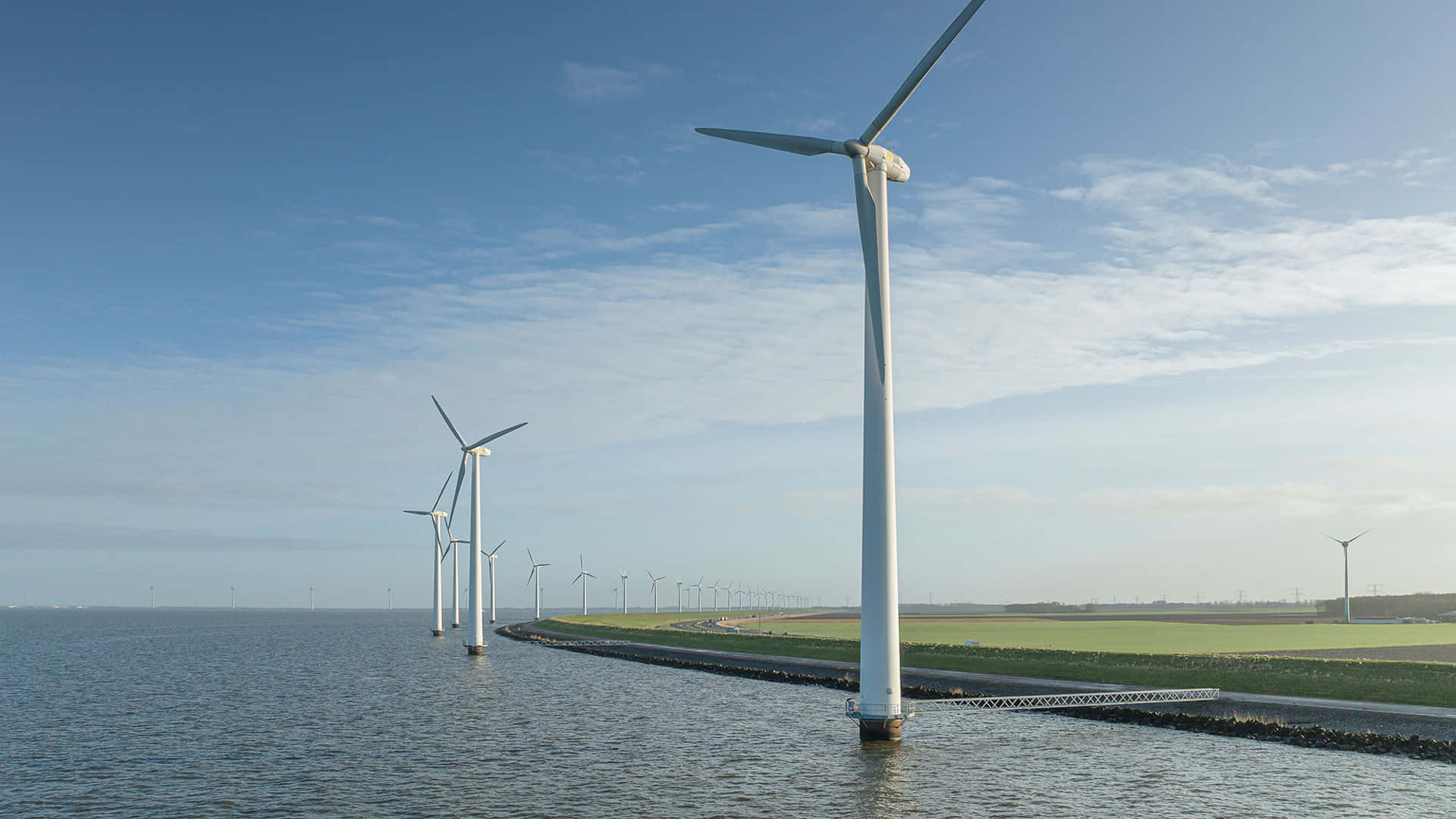 Lelystad, wind turbines, waterfront, Full HD Desktop Wallpaper
