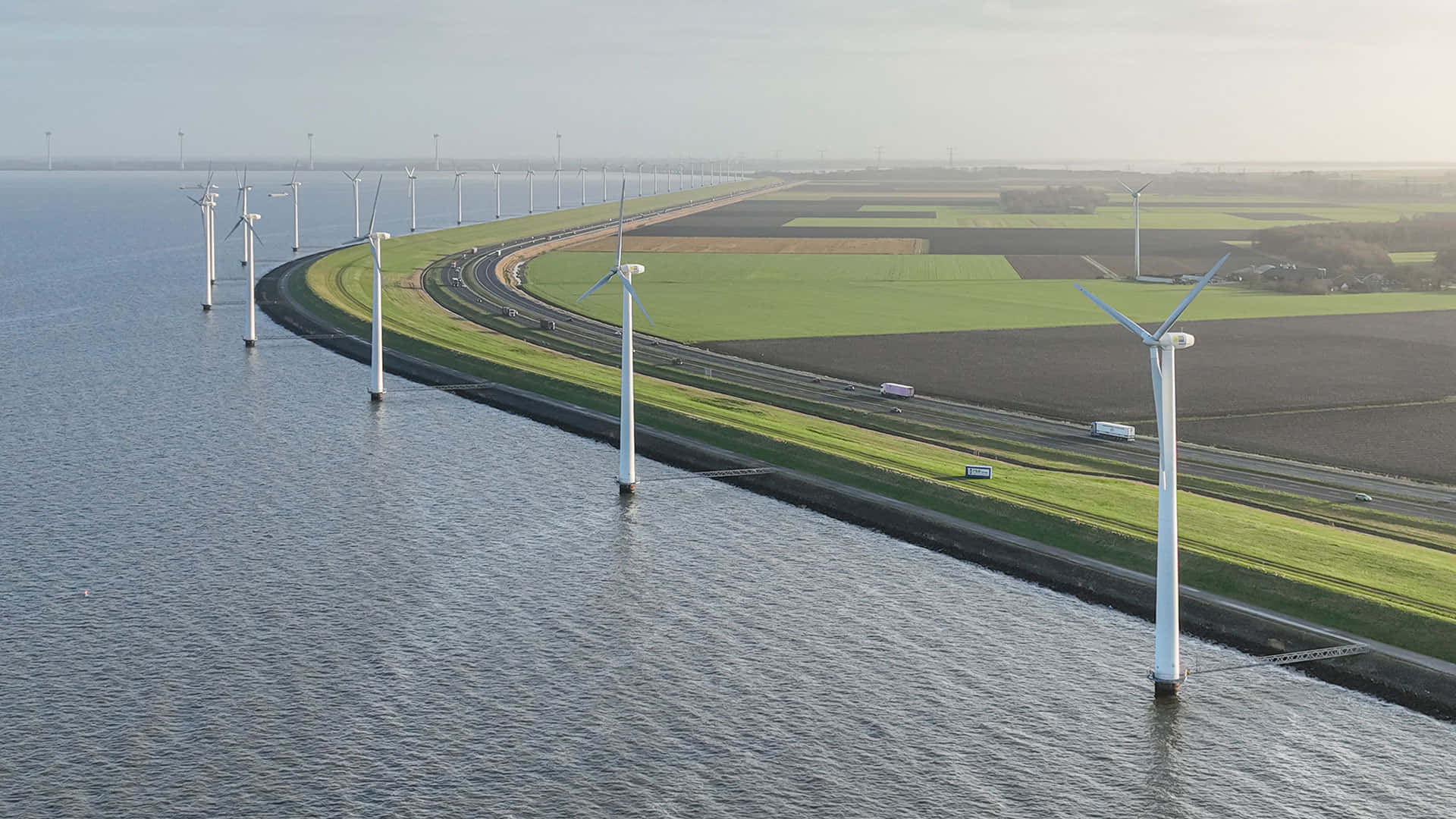 Lelystad, wind turbines, waterway, Full HD Desktop Wallpaper
