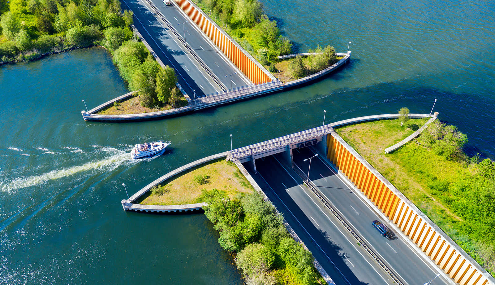 Aerial view, modern highway bridge, orange barriers, HD Desktop Wallpaper