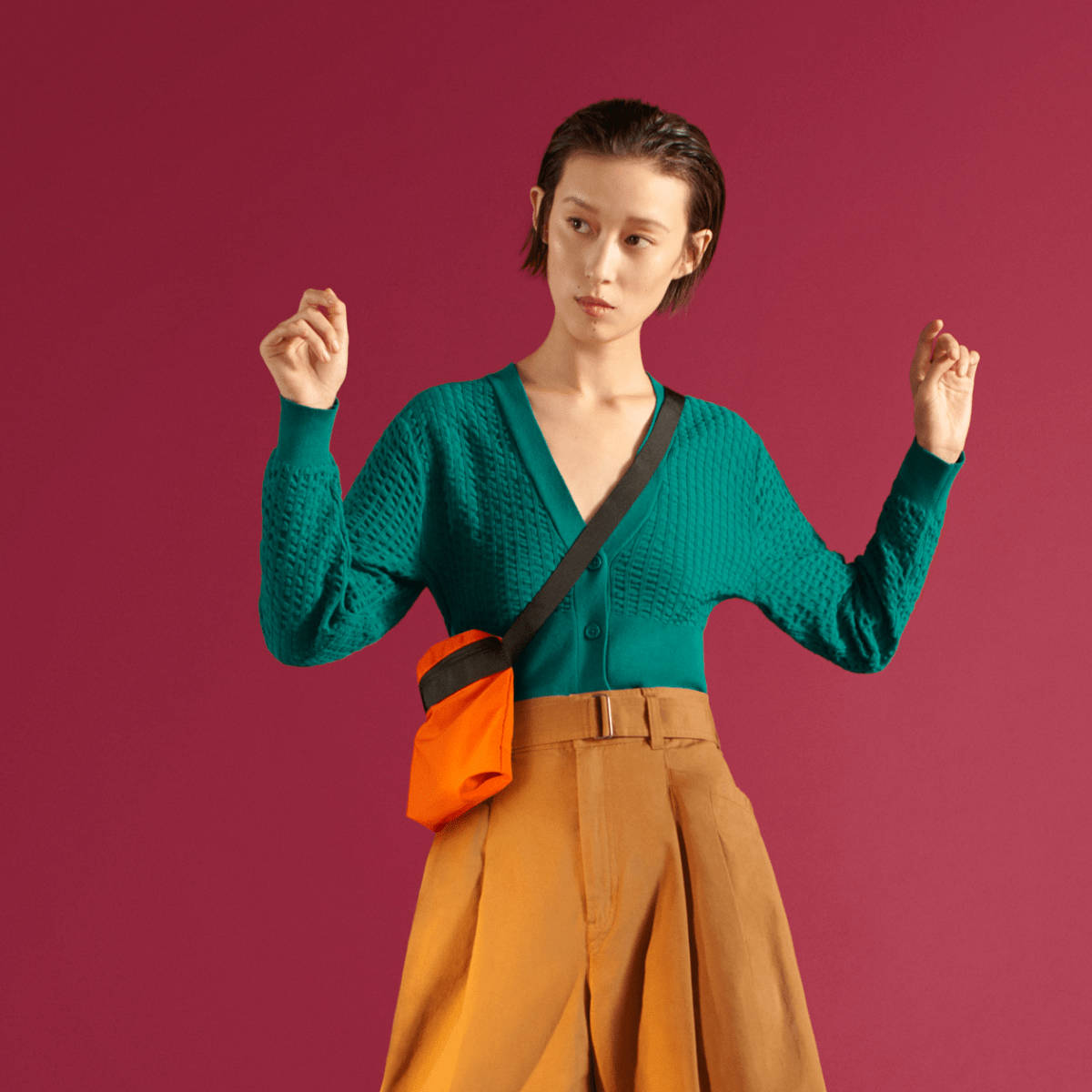 Lemaire, teal textured cardigan, mustard pleated pants, SD Desktop Wallpaper