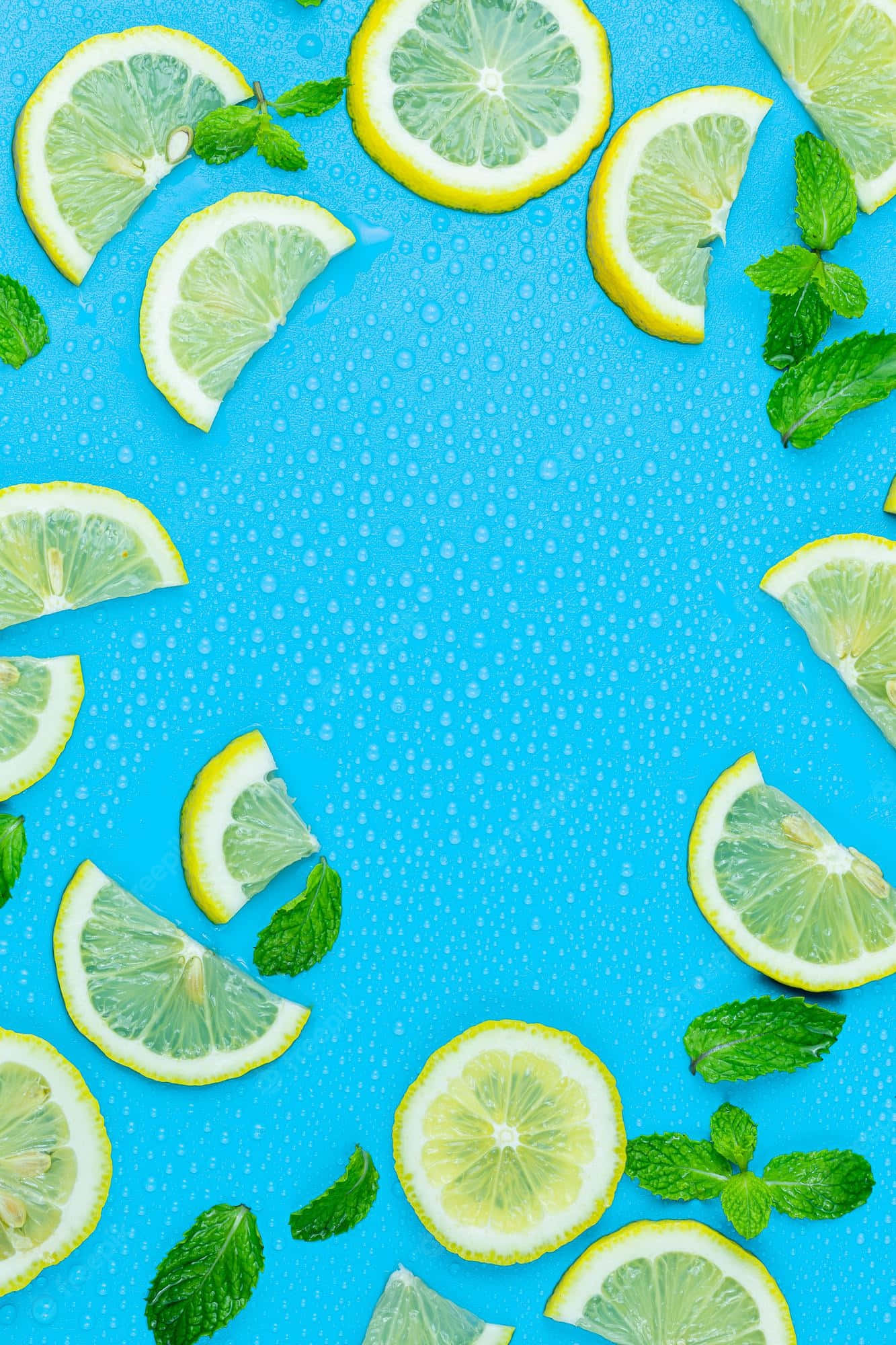 Lemon Slices, Mint Leaves, Dewy Blue Surface, Full HD Phone Wallpaper
