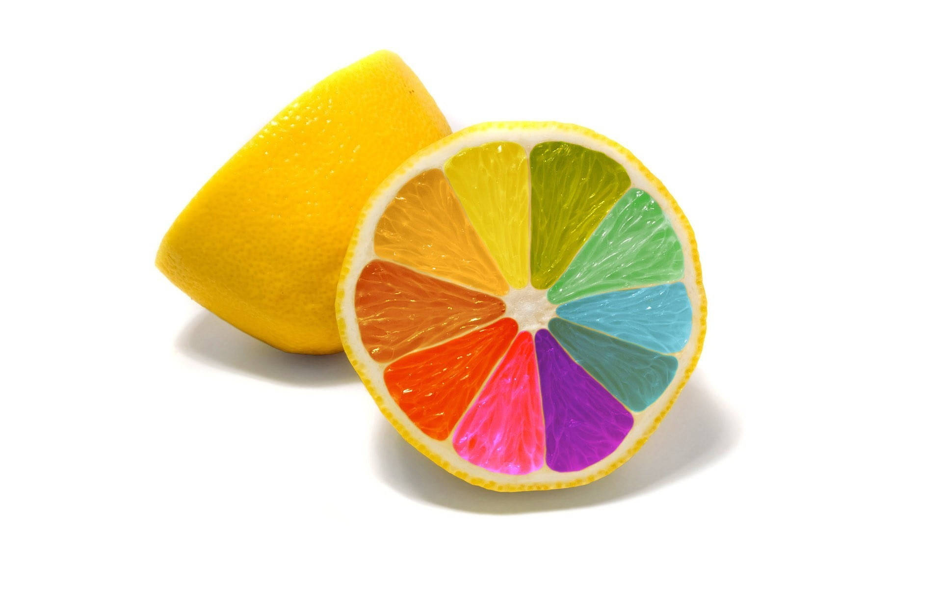 rainbow-colored lemon, yellow lemon, clean white background, Full HD Desktop Wallpaper