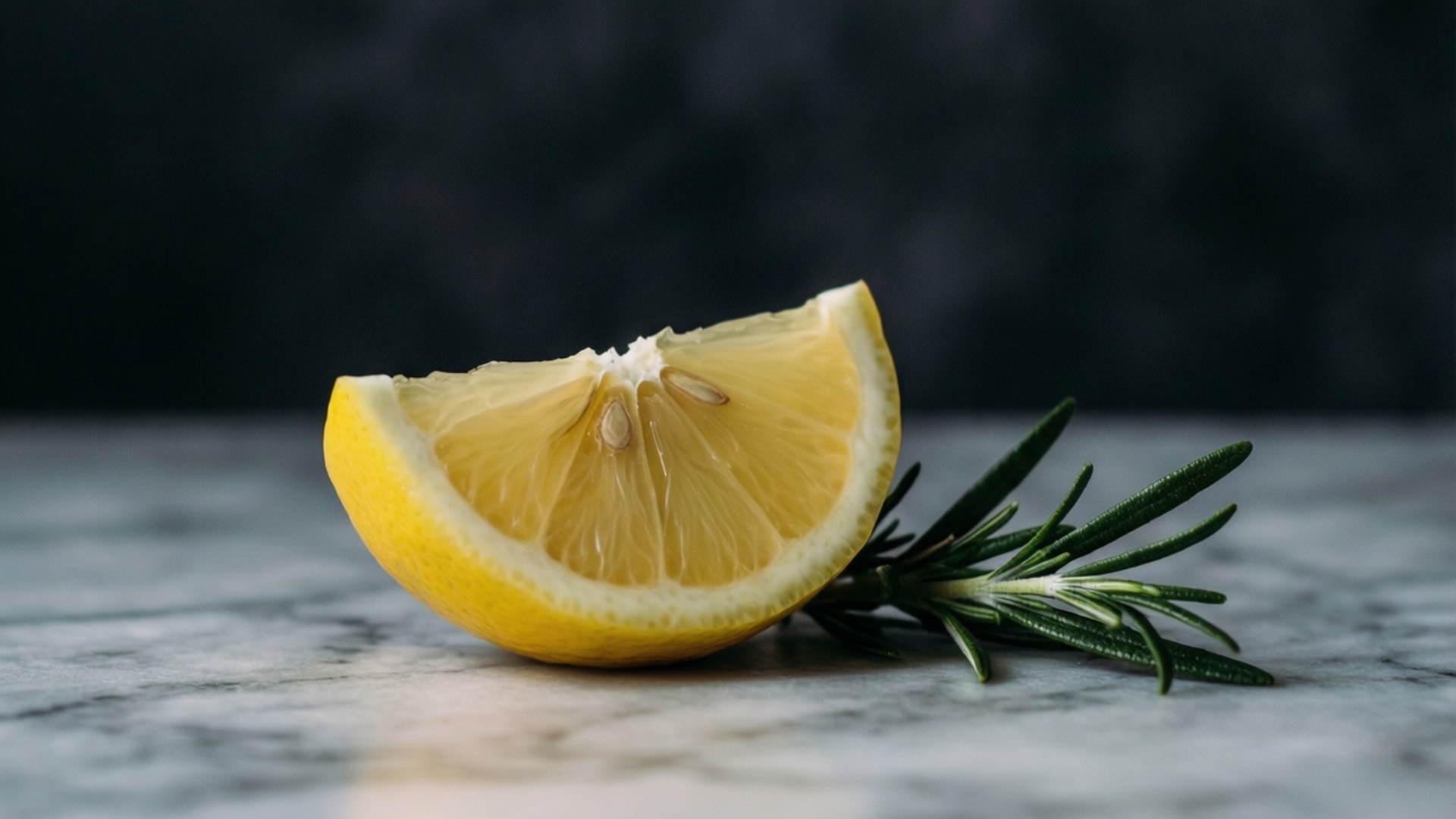 lemon wedge, rosemary sprig, gray marble surface, Full HD Desktop Wallpaper