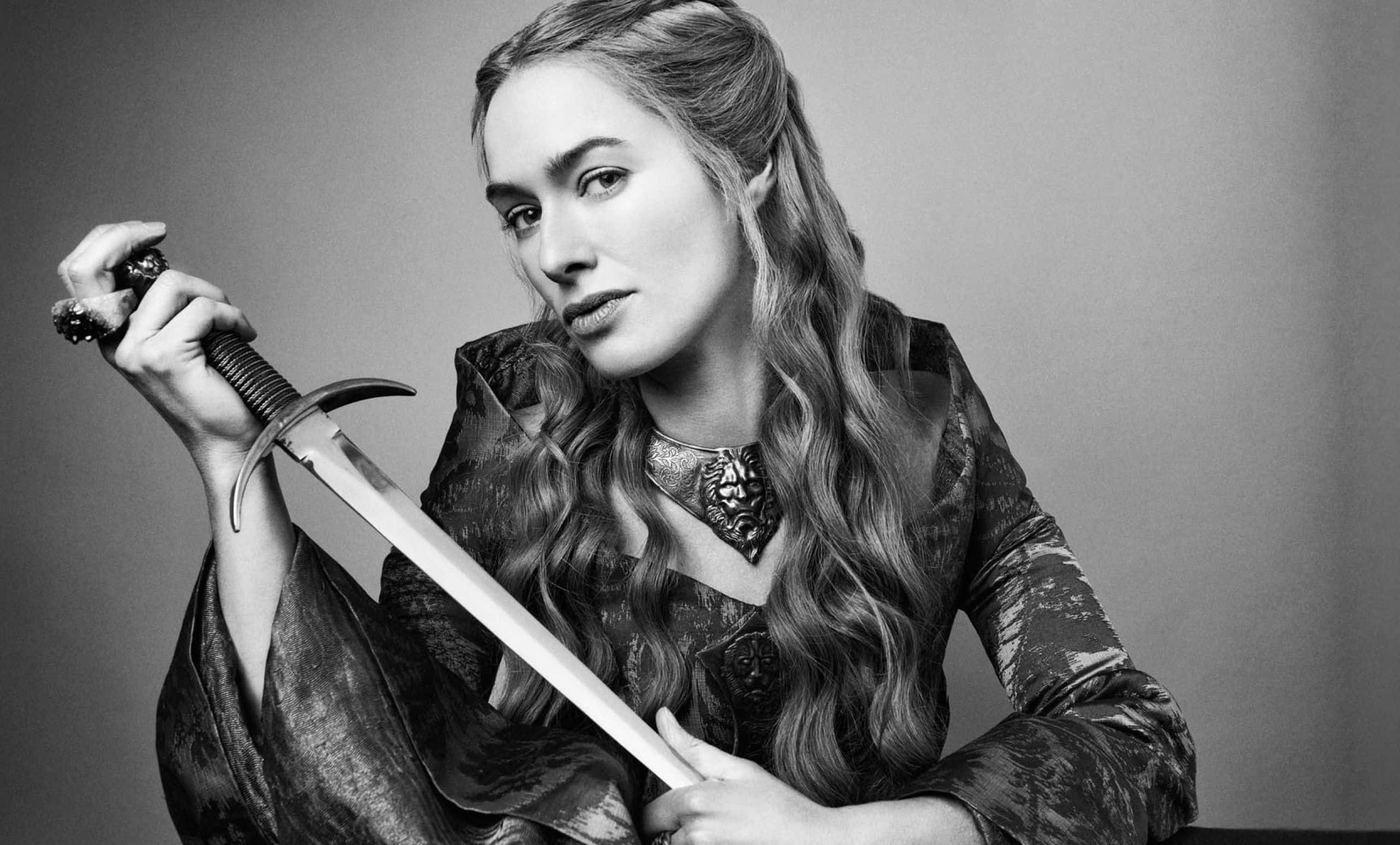 Lena Headey, sword, long wavy hair, 2K Desktop Wallpaper