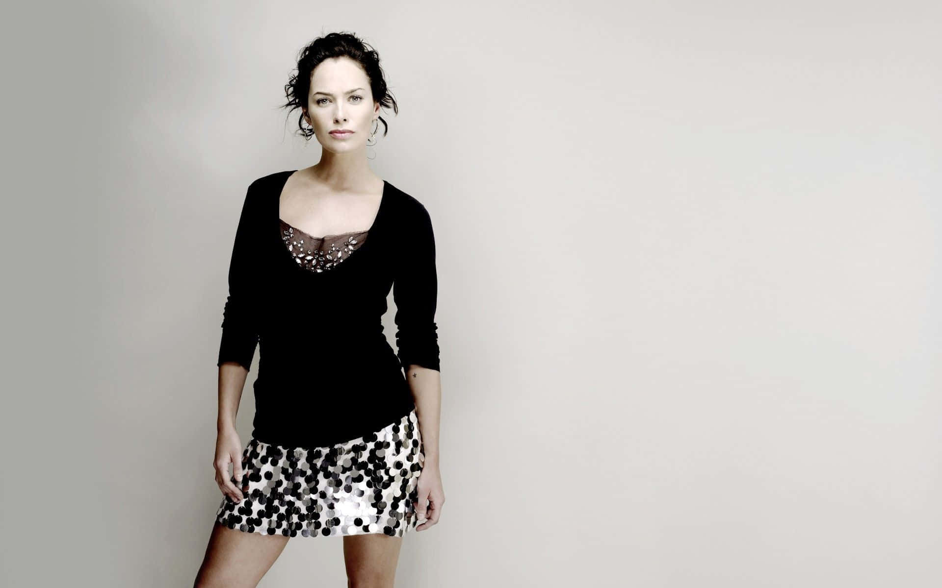 Lena Headey, black top, silver polka dot skirt, Full HD Desktop Wallpaper