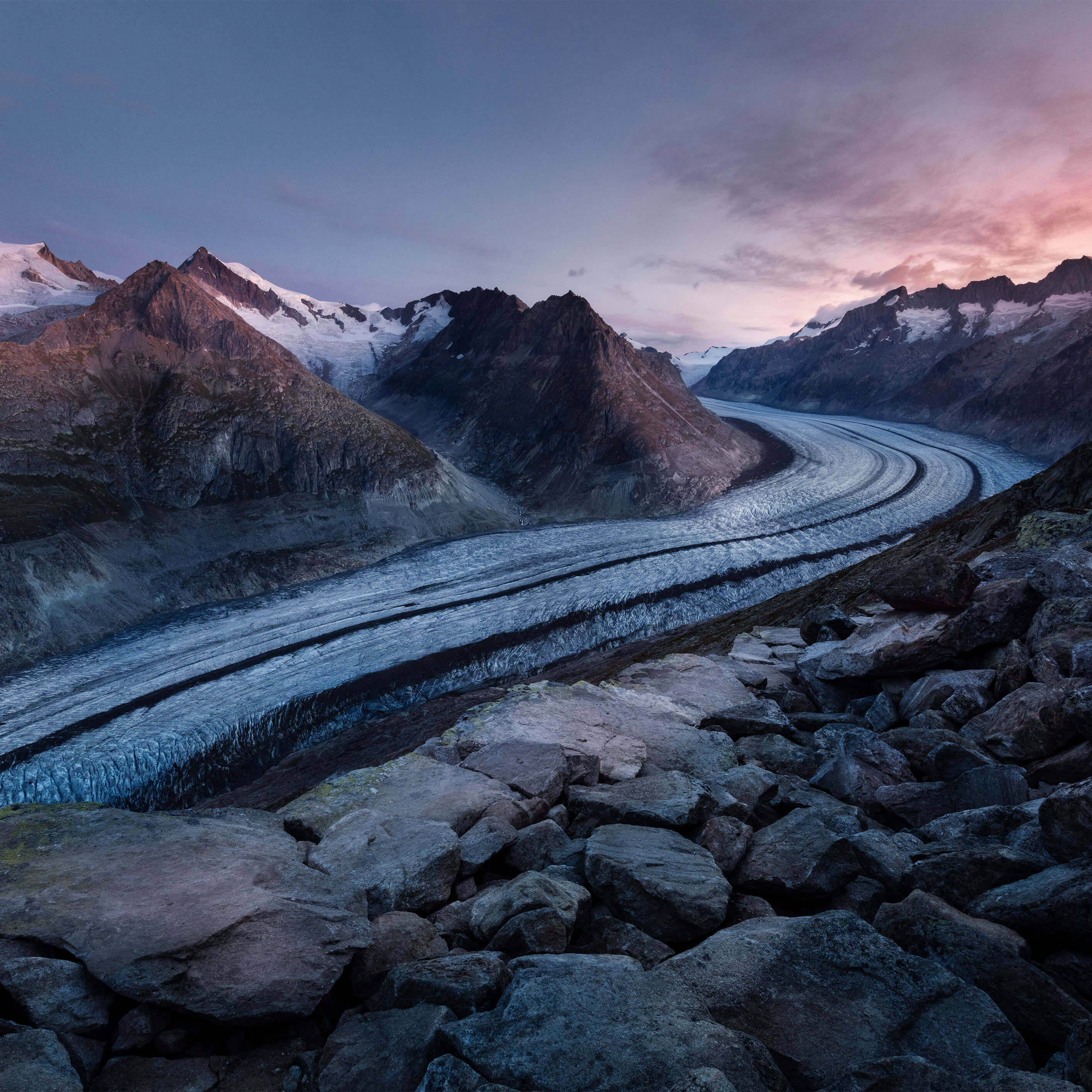 winter road, glacier, rugged mountains, 2K Desktop Wallpaper