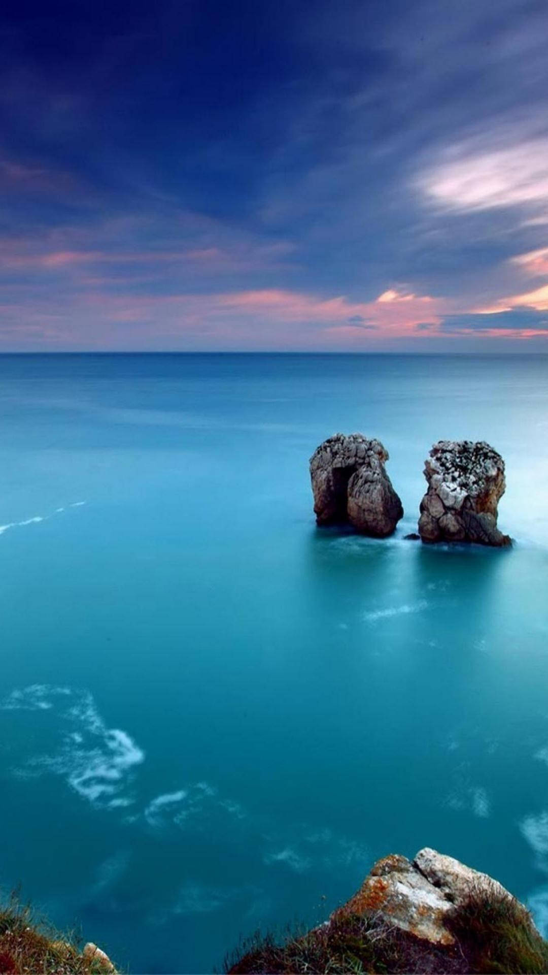 turquoise sea, twilight sky, pink clouds, Full HD Phone Wallpaper