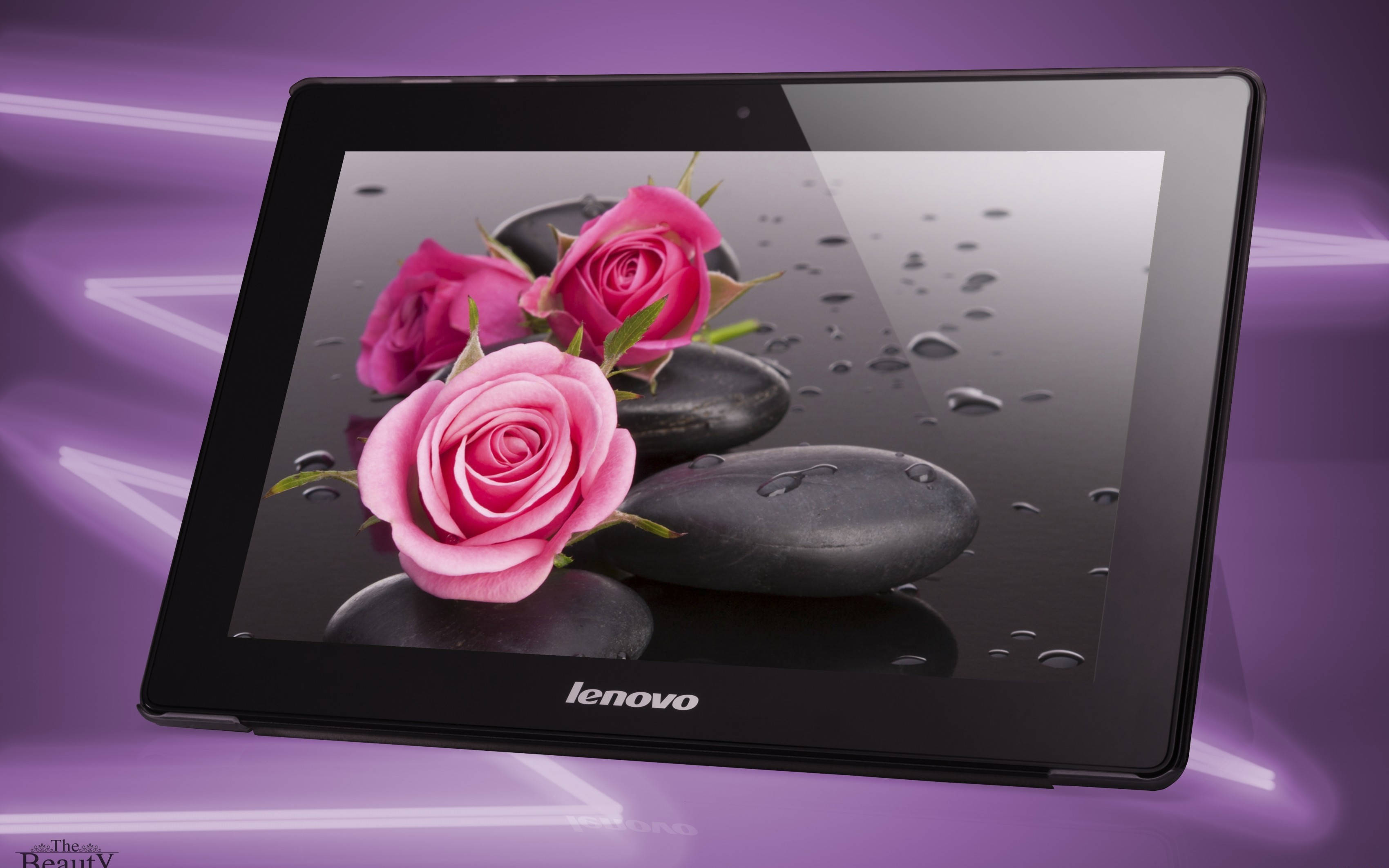 Lenovo tablet, black tablet, pink roses, 2K Desktop Wallpaper