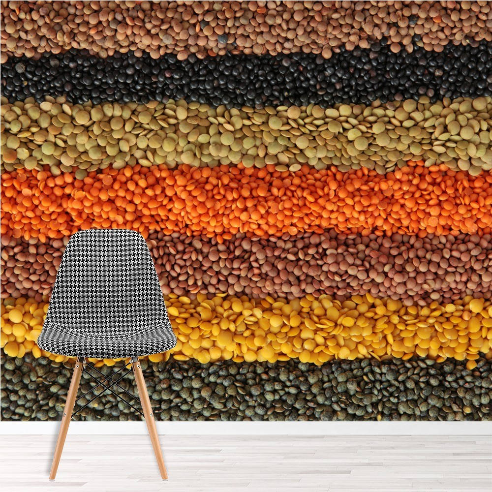 black and white houndstooth chair, vibrant wall of layered colorful lentils, earthy tones, SD Desktop Wallpaper