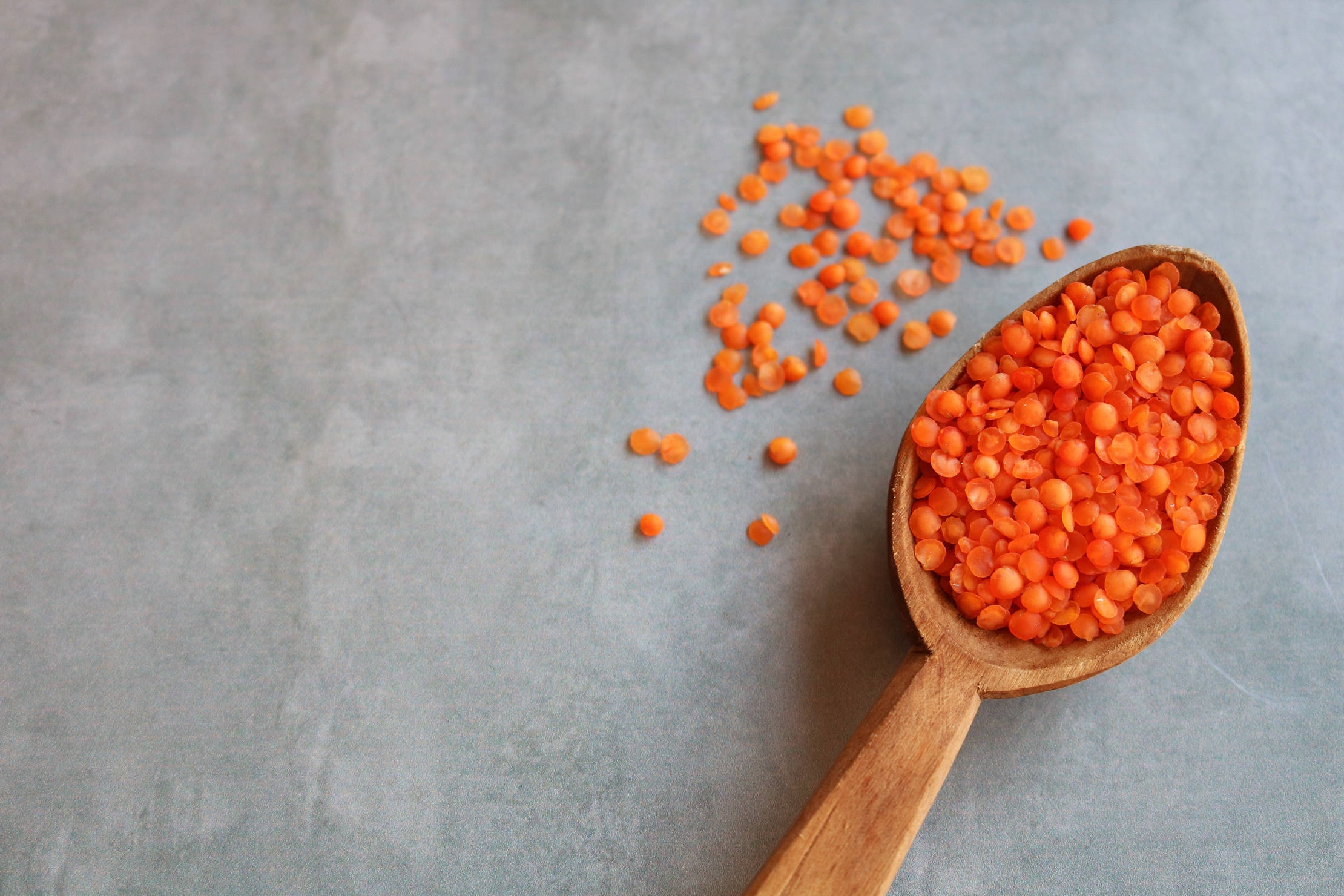 orange lentils, wooden spoon, muted gray textured surface, Full HD Desktop Wallpaper