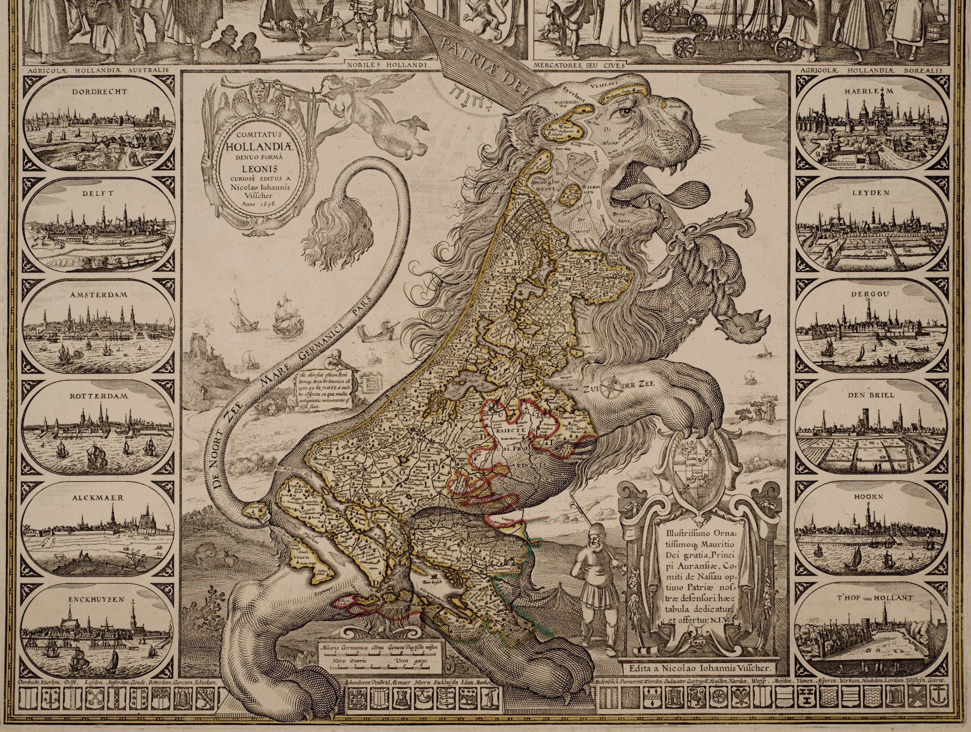 Leo Zodiac, antique engraved map of Holland, roaring lion, 2K Desktop Wallpaper
