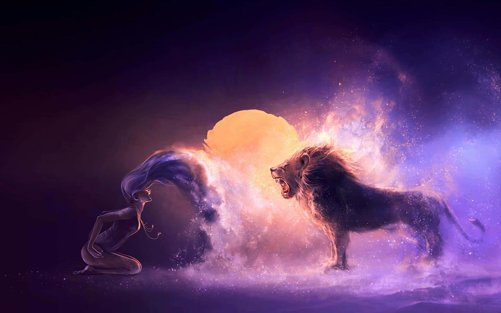 Leo Zodiac, blue hair, roaring lion, Full HD Desktop Wallpaper
