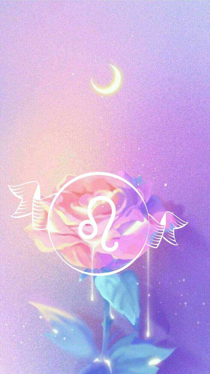 pink rose, white Leo zodiac symbol, dreamy purple sky, HD Phone Wallpaper