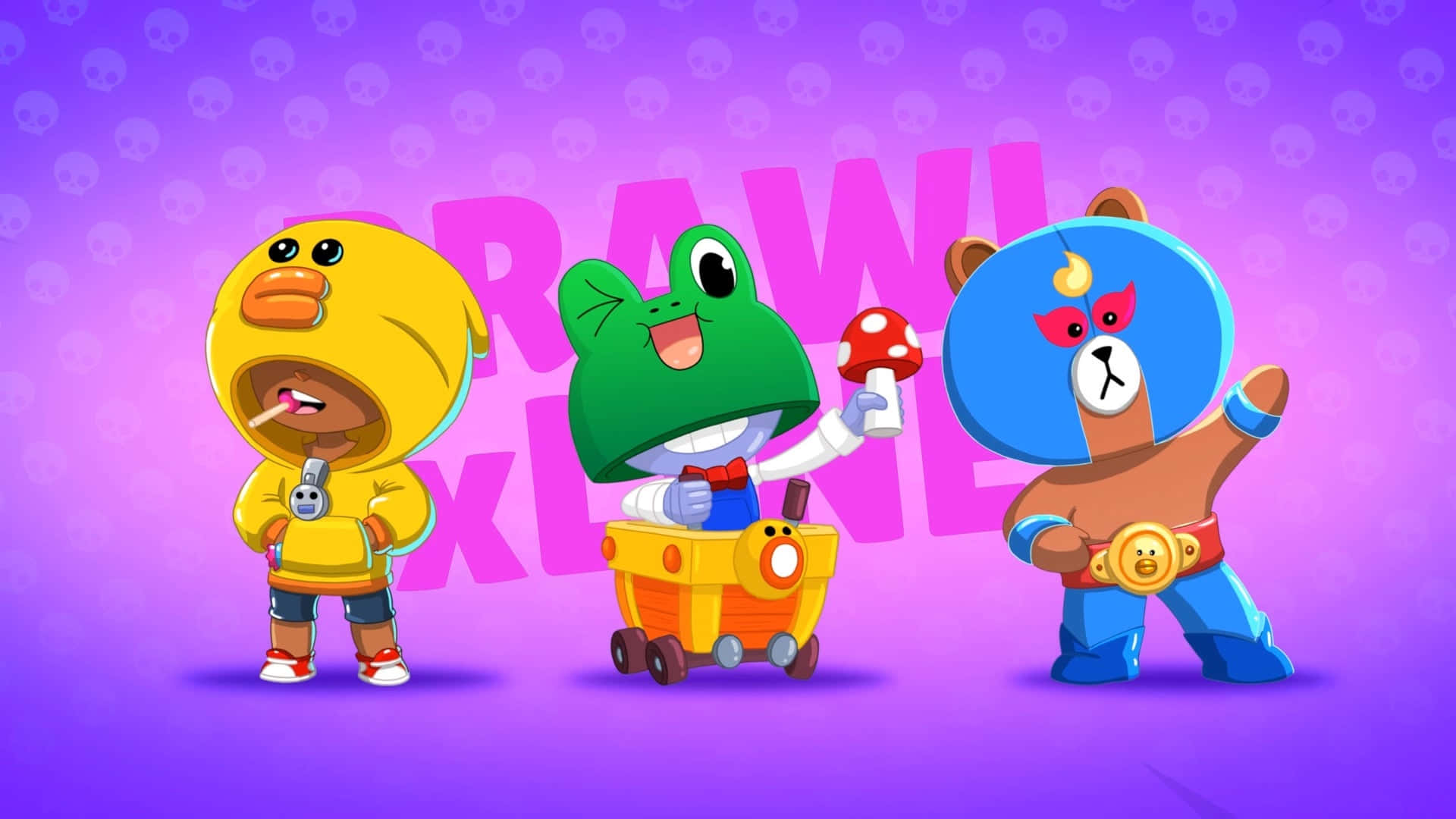 Leon Brawl Stars, trio, purple skull-patterned background, Full HD Desktop Wallpaper