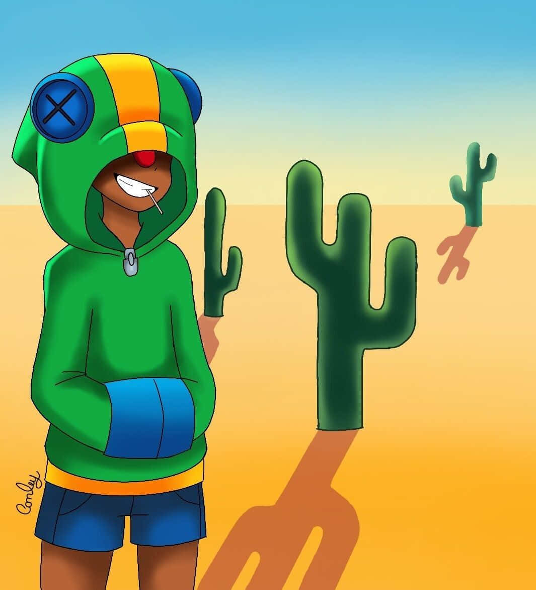 Leon Brawl Stars, green hoodie, blue X eye, SD Phone Wallpaper