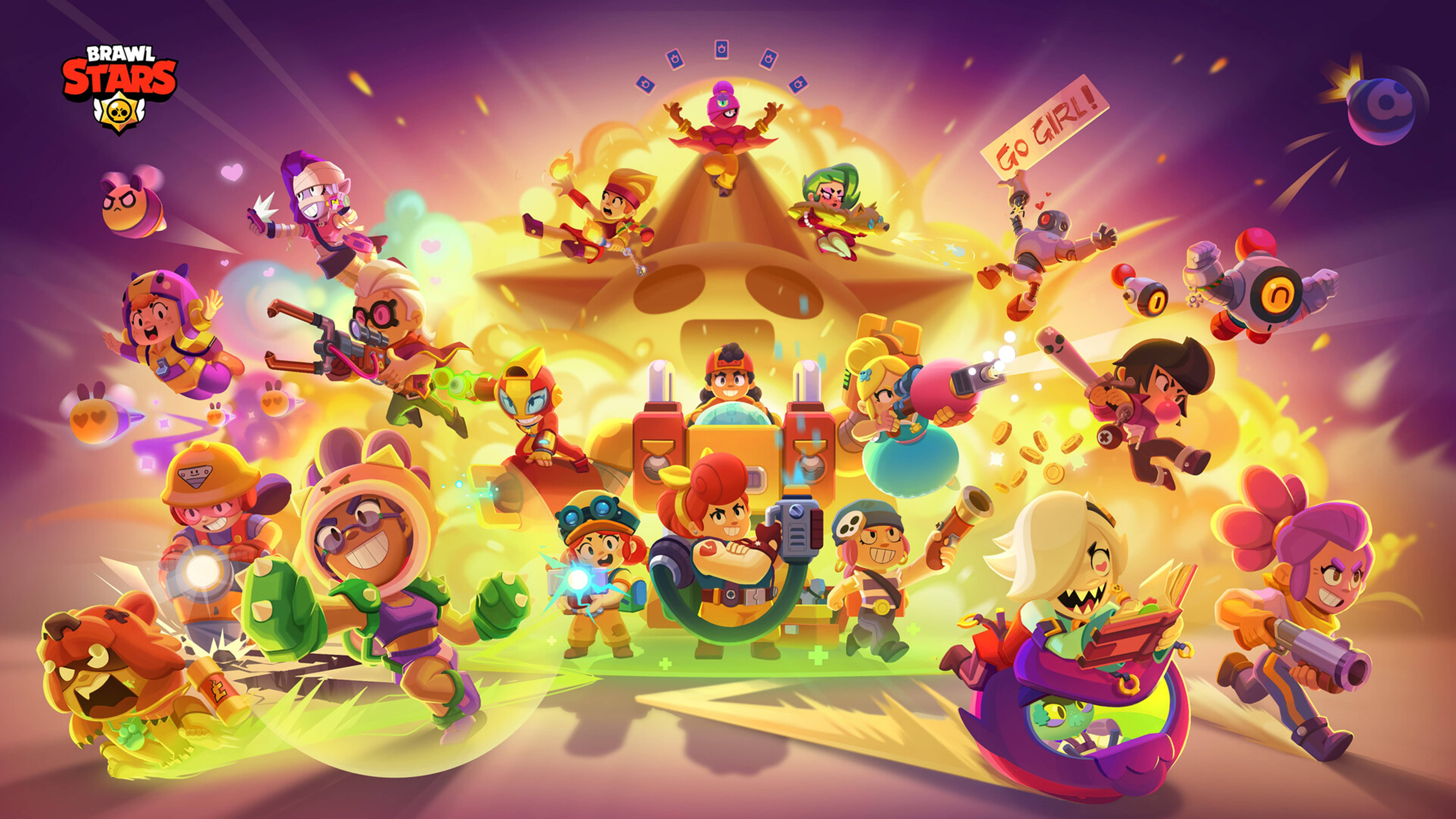 Brawl Stars, glowing star-shaped arena, vibrant cartoon characters, 5K Desktop Wallpaper