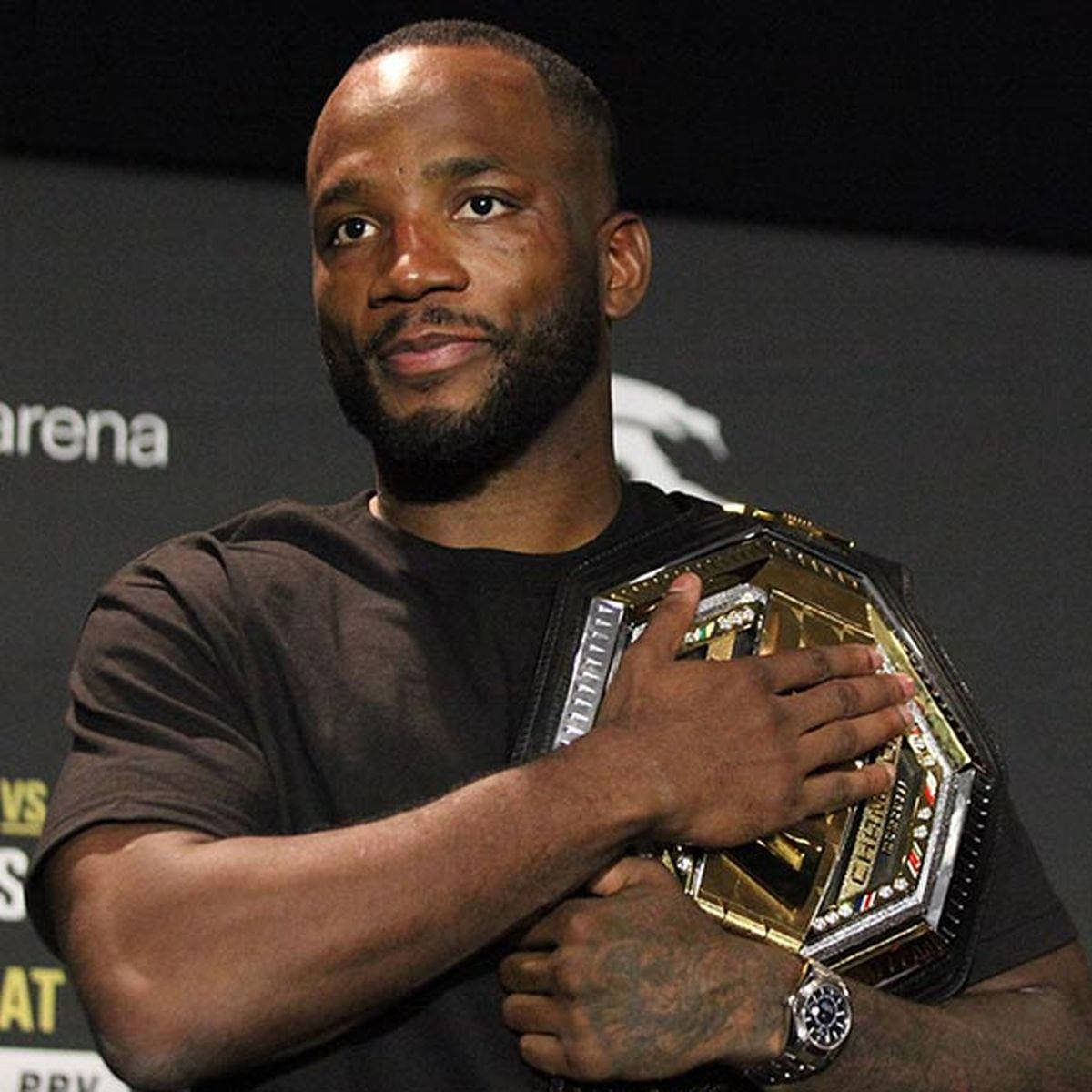 Leon Edwards, gold championship belt, dark arena backdrop, SD Desktop Wallpaper