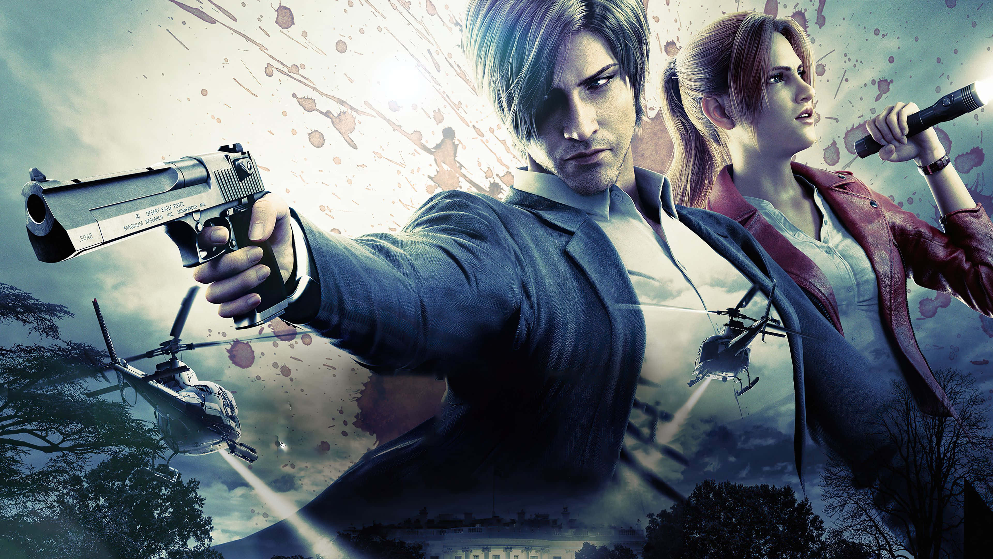 Leon Kennedy, Claire Redfield, dark suit, 4K Desktop Wallpaper