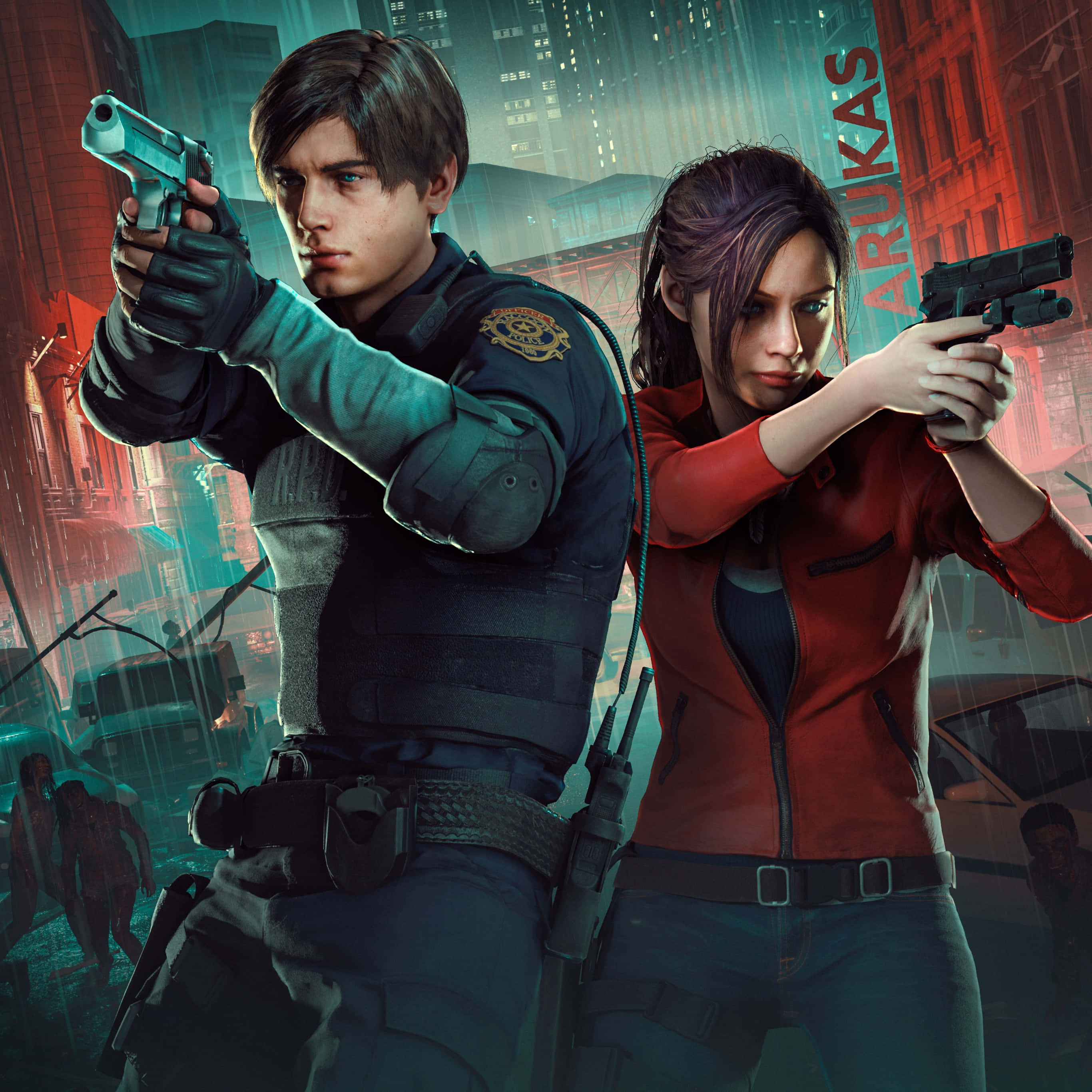 Leon Kennedy, Claire Redfield, neon cityscape, 2K Desktop Wallpaper