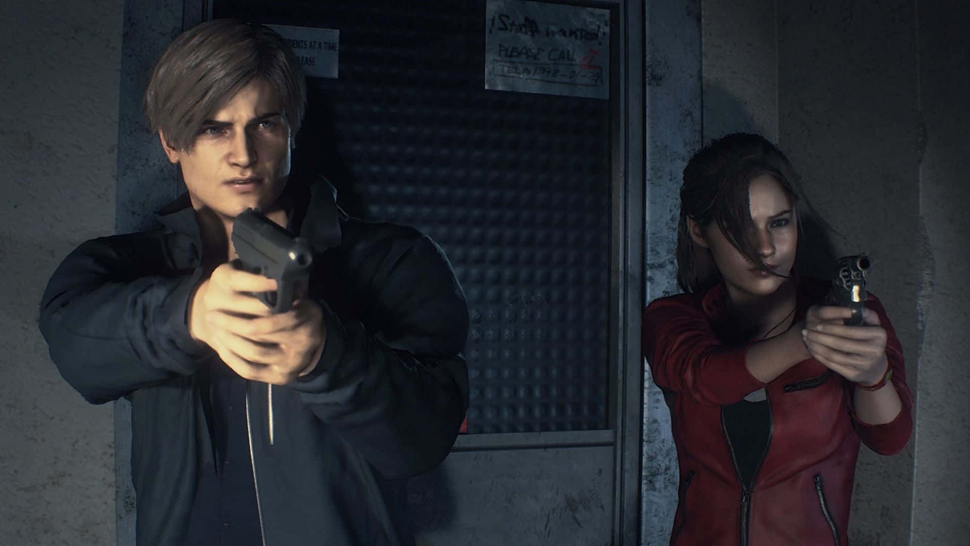 Leon Kennedy, Claire Redfield, dimly lit industrial corridor, Full HD Desktop Wallpaper