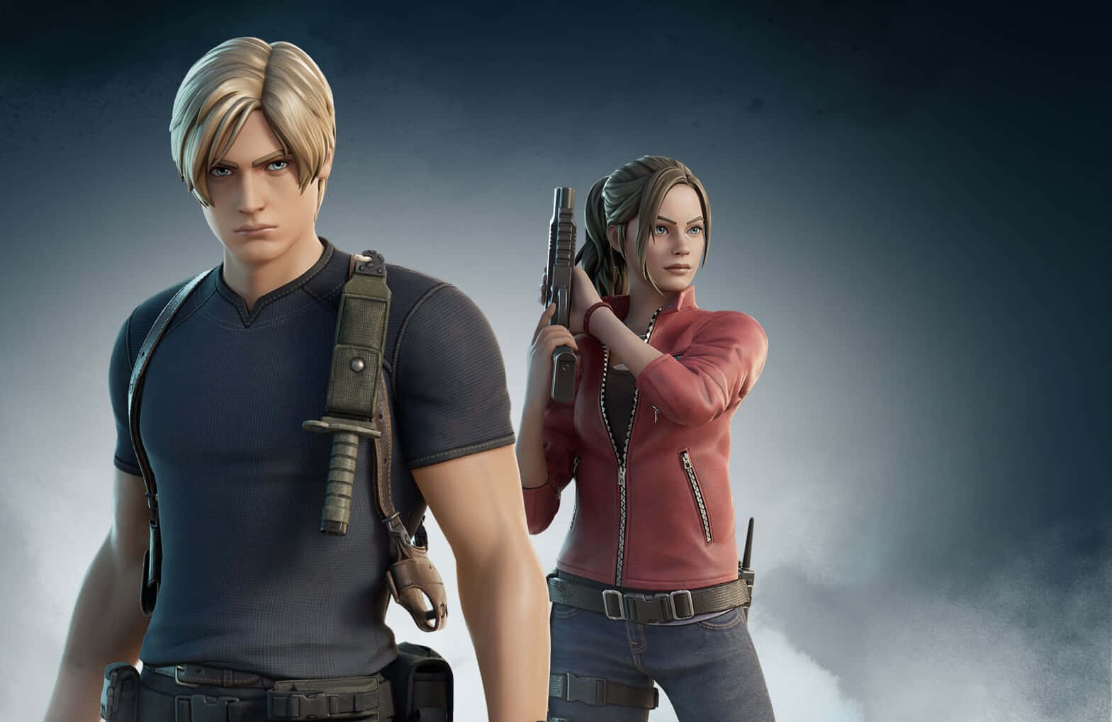 Leon Kennedy, Claire Redfield, knife strapped to his chest, HD Desktop Wallpaper