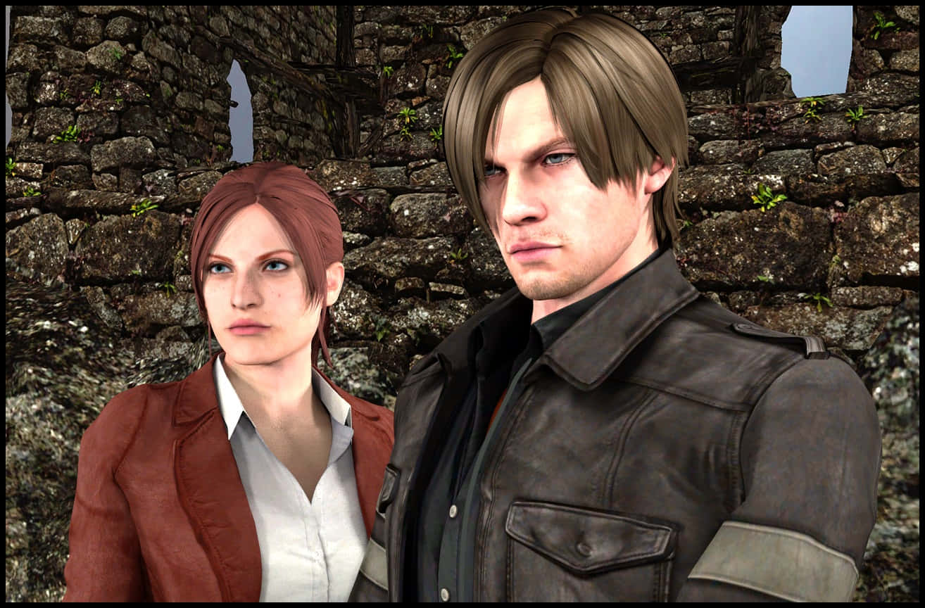 Leon Kennedy, Claire Redfield, weathered stone wall, HD Desktop Wallpaper
