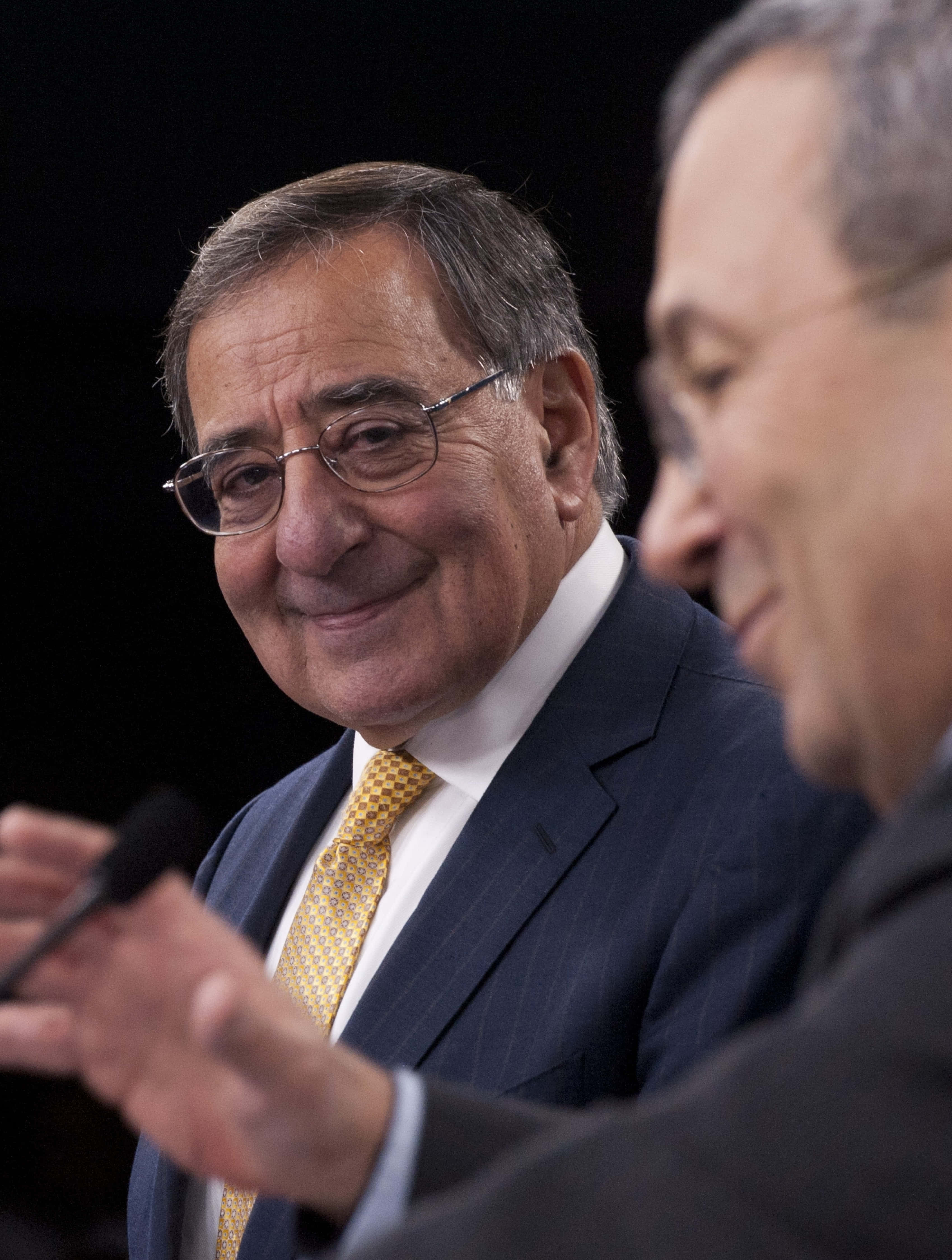 Leon Panetta, dark suit, gold tie, 4K Phone Wallpaper