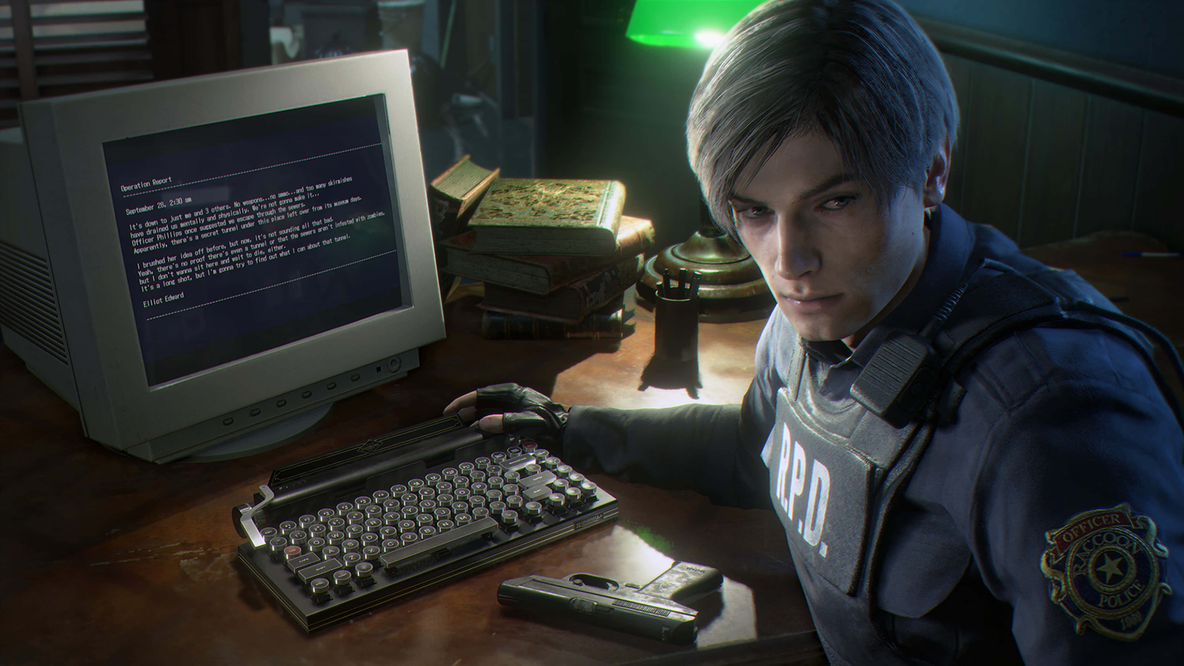 Leon, Resident Evil 2, CRT monitor, 4K Desktop Wallpaper
