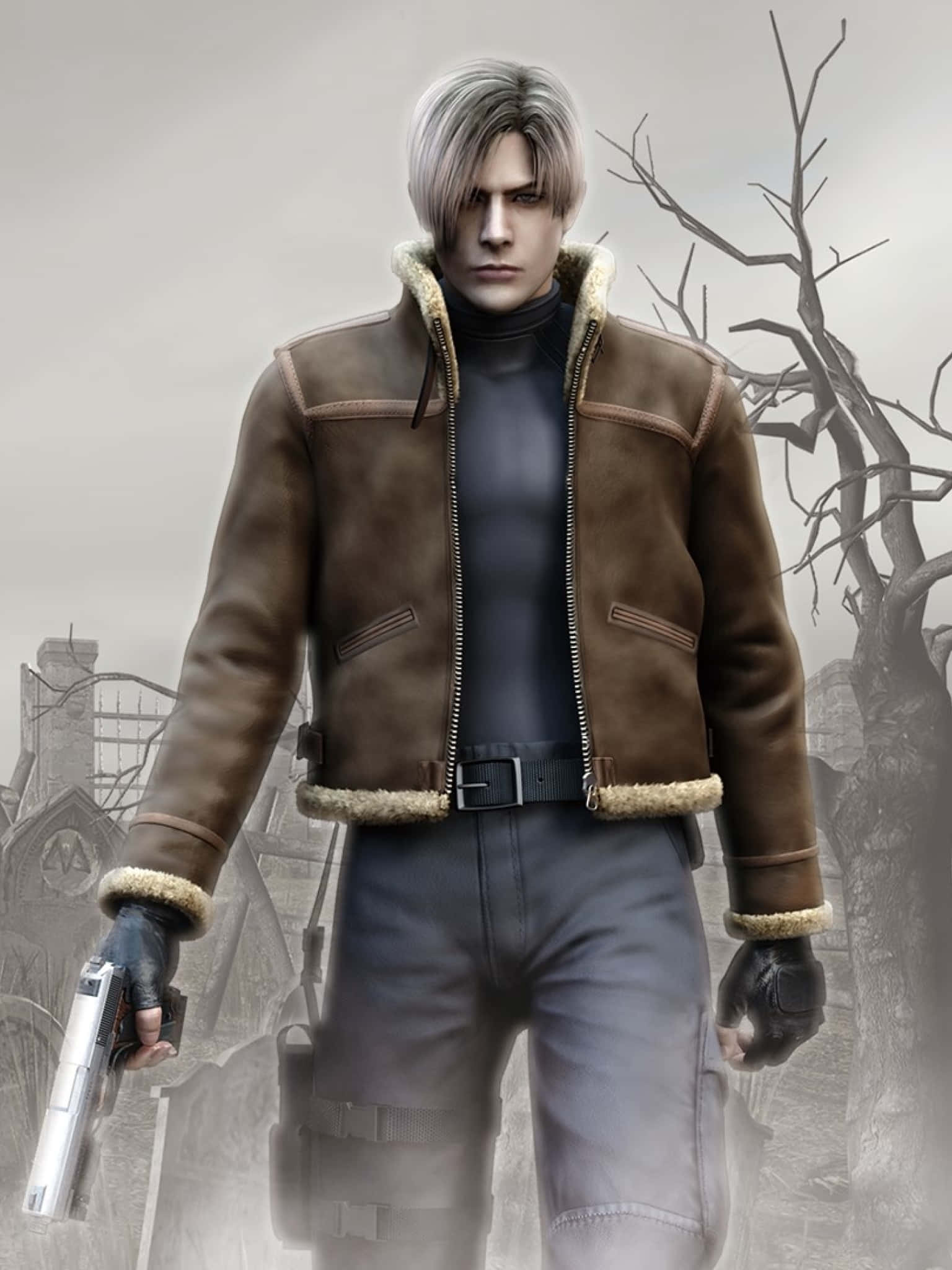 Leon S. Kennedy, brown shearling jacket, pistol, Full HD Phone Wallpaper