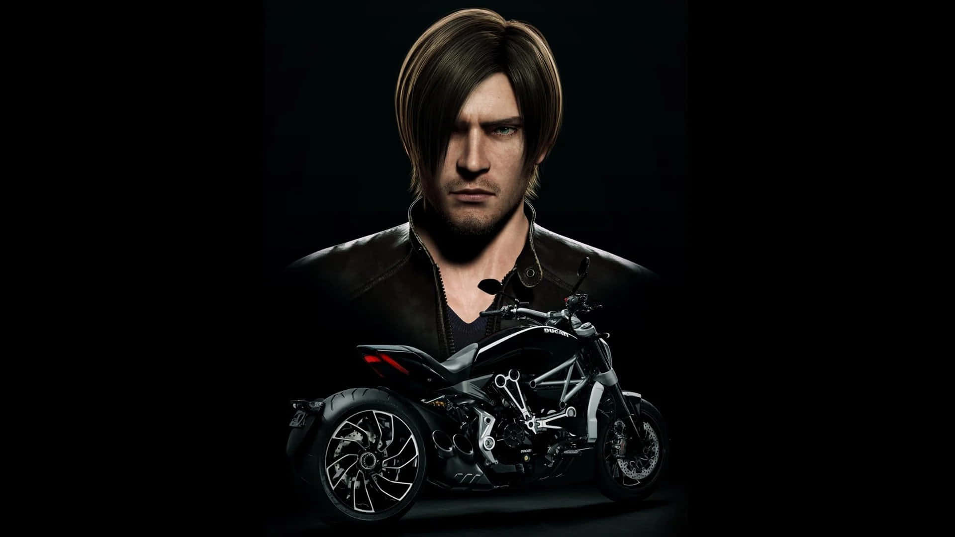 Leon S. Kennedy, leather jacket, sleek black motorcycle, Full HD Desktop Wallpaper