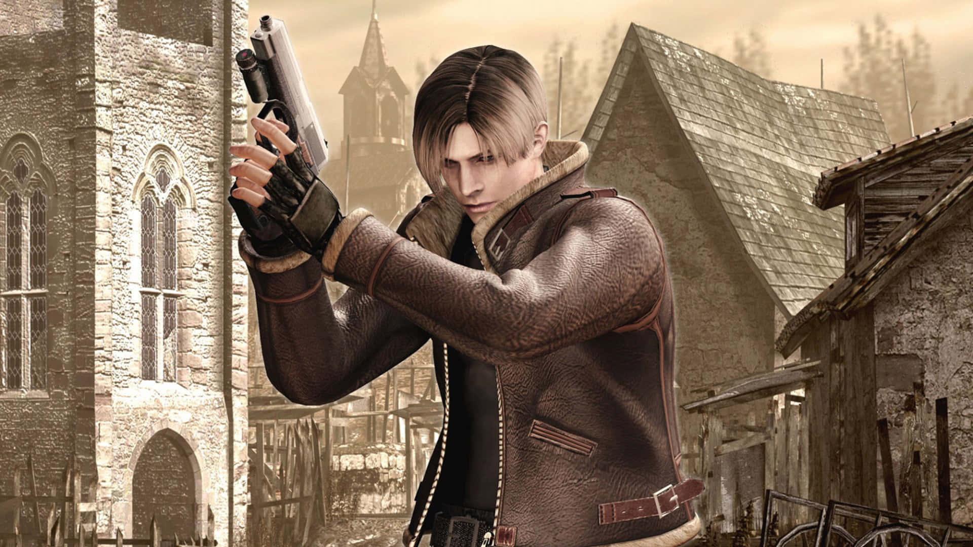 Leon S Kennedy, brown leather jacket, pistol, Full HD Desktop Wallpaper