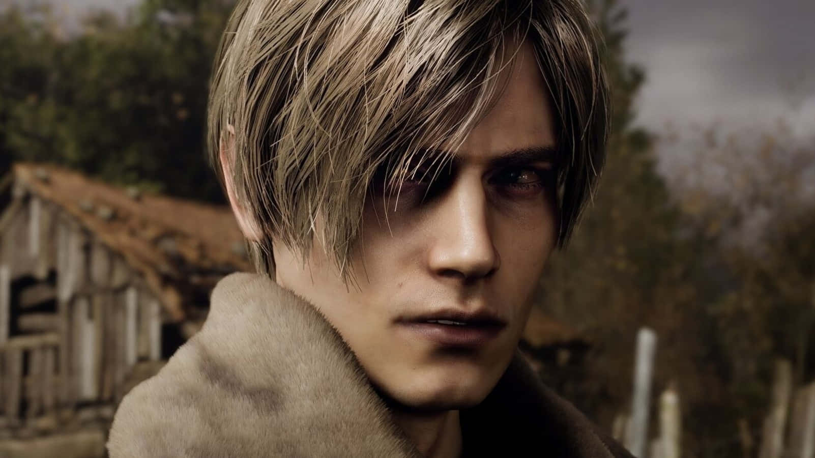 Leon S. Kennedy, fur-lined coat, rustic wooden building, HD Desktop Wallpaper