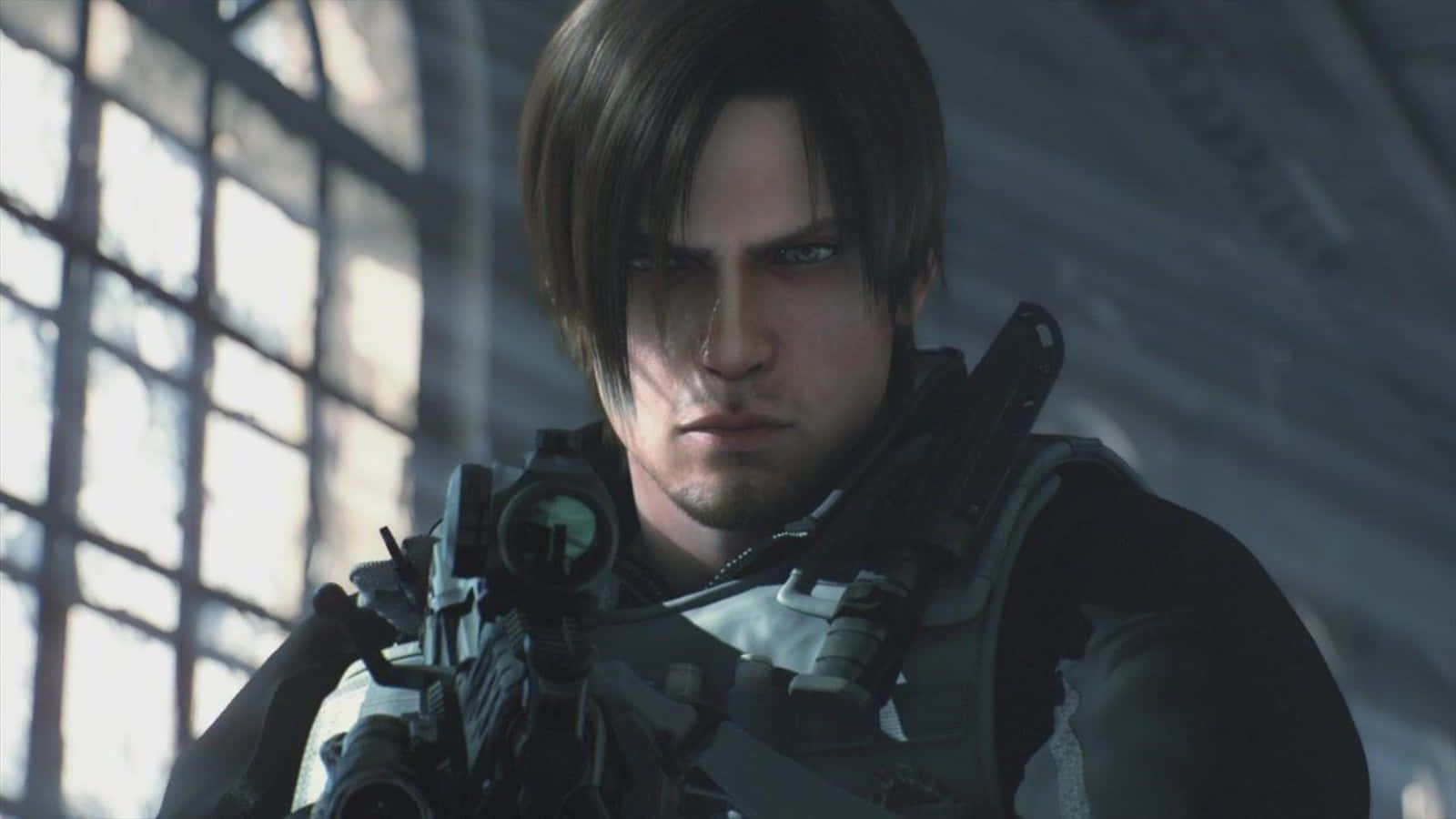 Leon S. Kennedy, scoped rifle, dimly lit industrial setting, HD Desktop Wallpaper