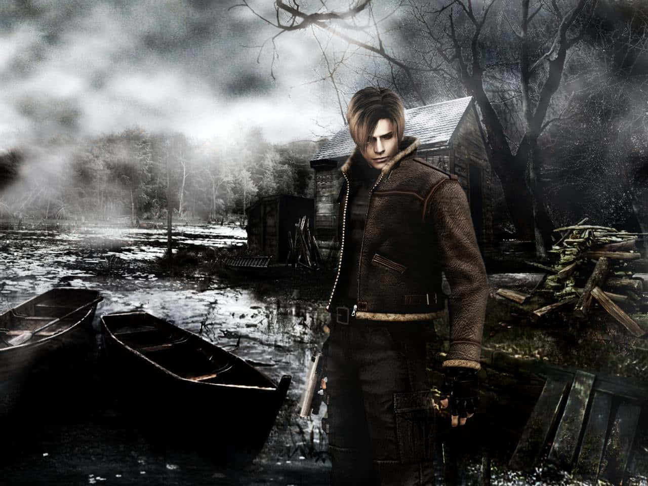 Leon S. Kennedy, leather jacket, misty swamp, HD Desktop Wallpaper