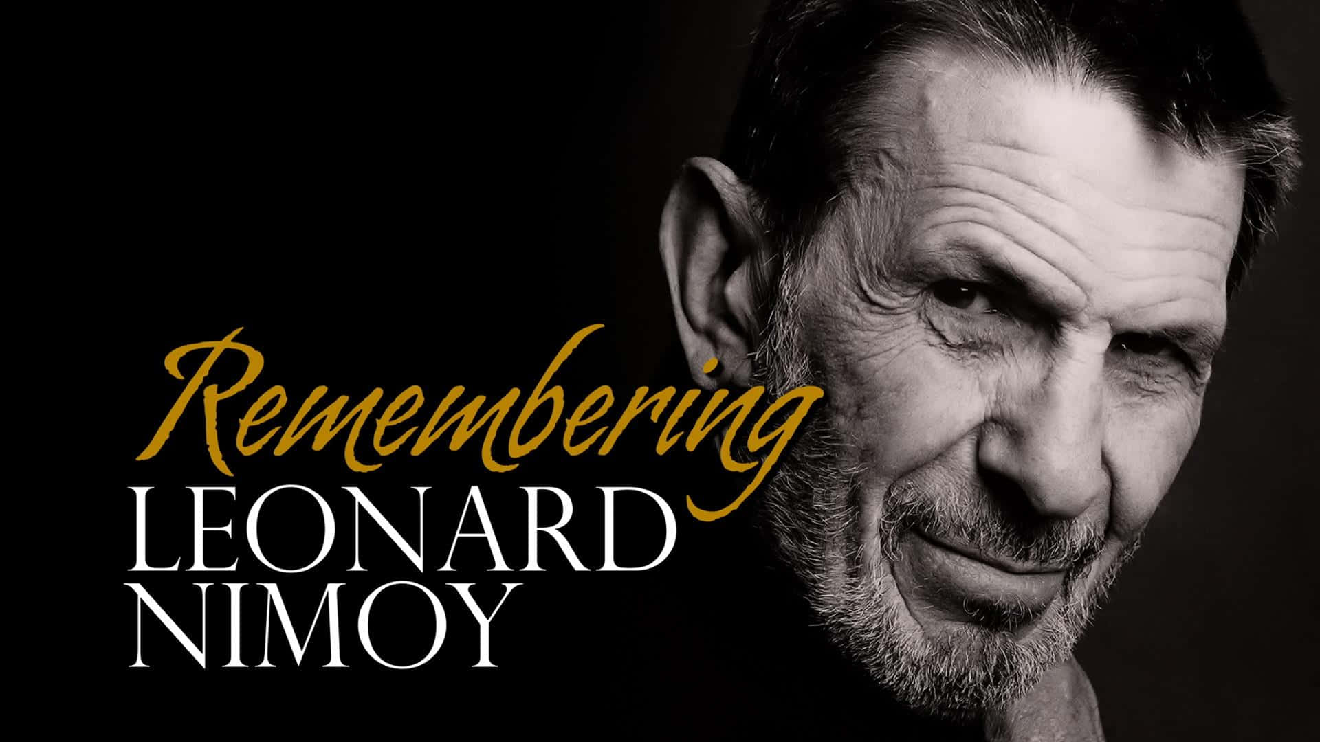 Leonard Nimoy, golden text, black and white portrait, Full HD Desktop Wallpaper