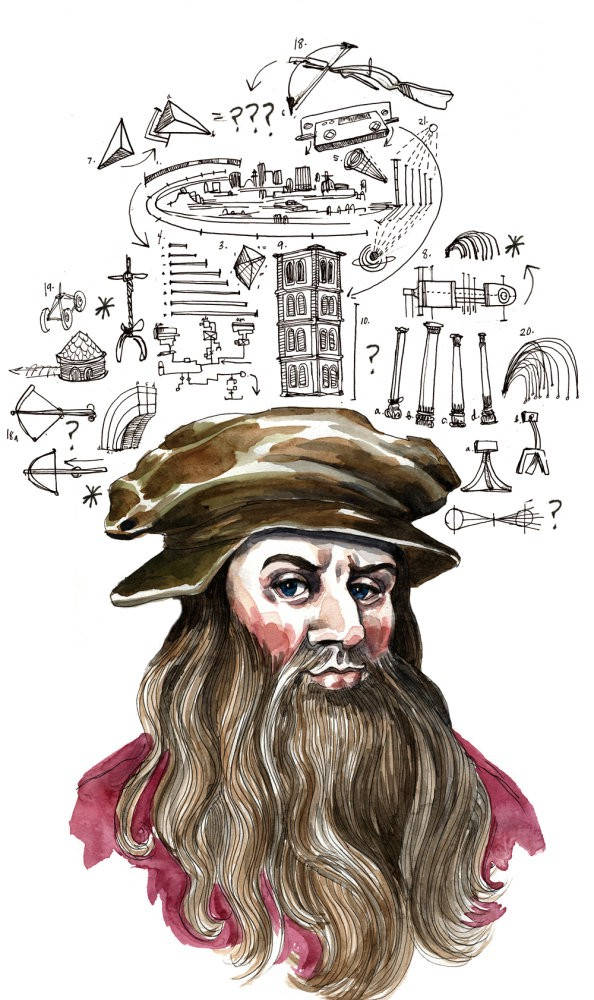 Leonardo Da Vinci, watercolor portrait, intricate sketches, SD Phone Wallpaper