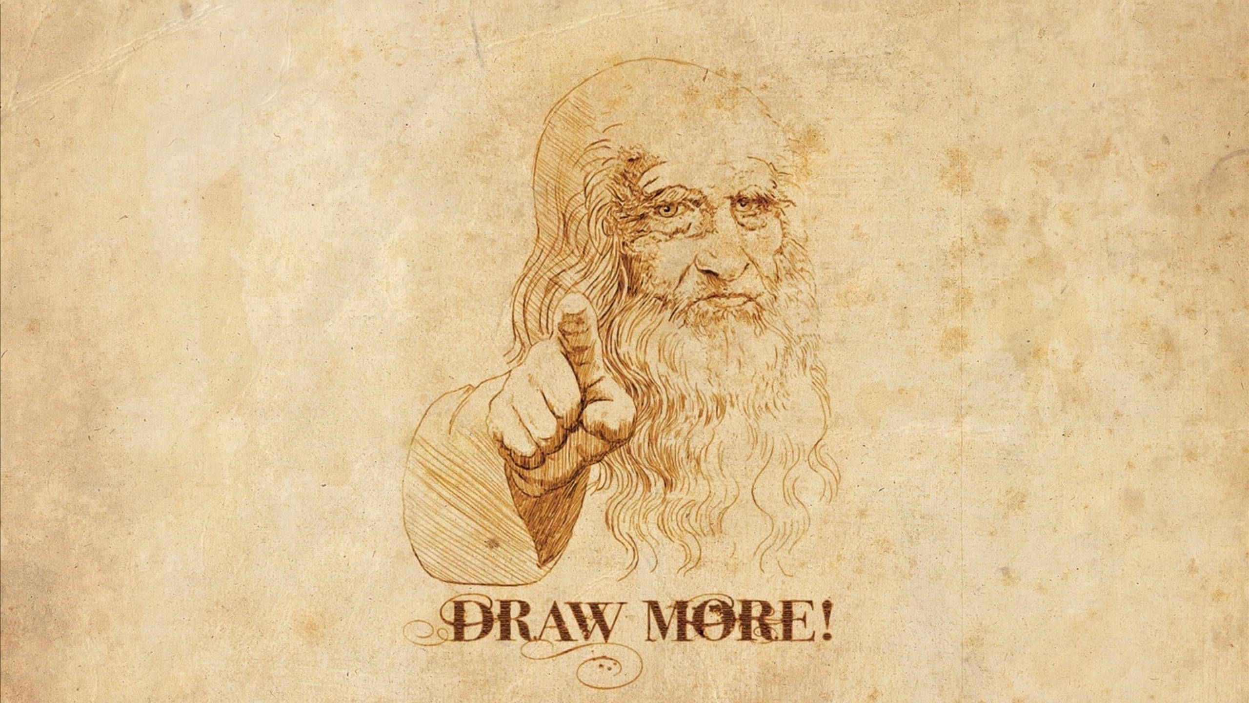 Leonardo da Vinci, DRAW MORE!, aged parchment, 2K Desktop Wallpaper