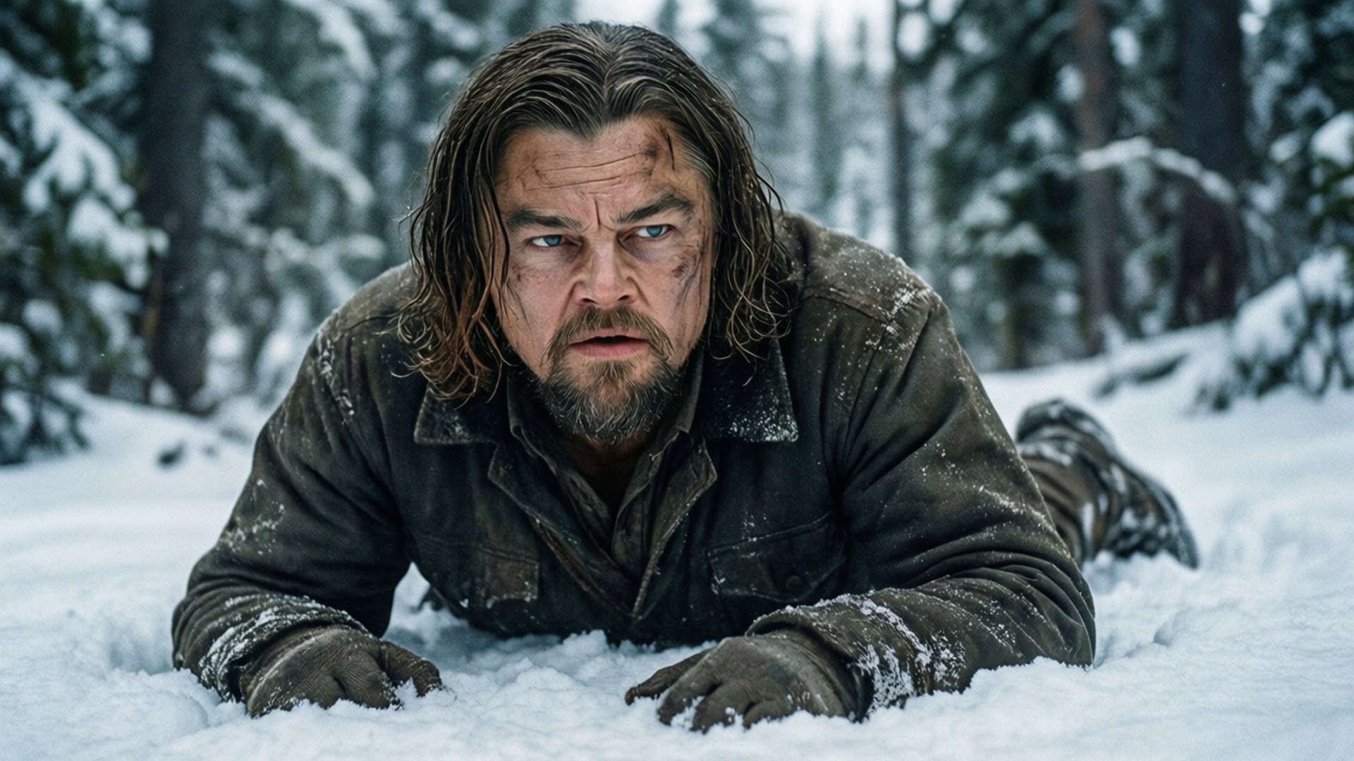 Leonardo DiCaprio, deep snow, wintry forest, Full HD Desktop Wallpaper